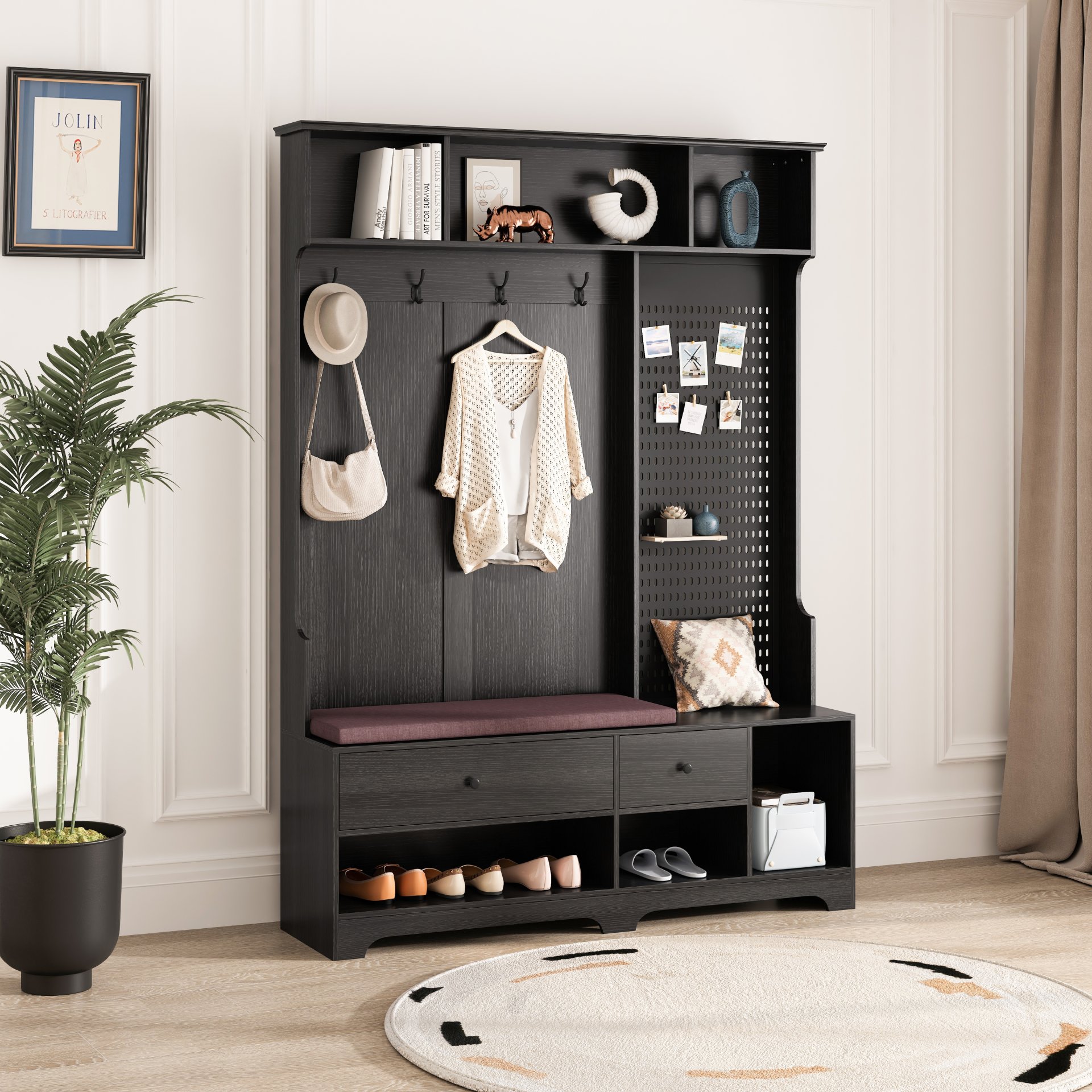 Hallway Hall Tree With Removable Cushion Bench, Coat Rack, Storage Shelves - Black - Image 2