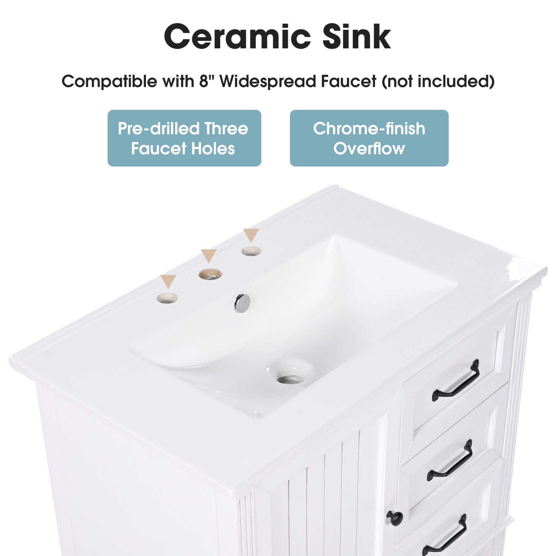 30" Bathroom Vanity With Sink, 3 Drawers, Adjustable Feet - White - Image 7