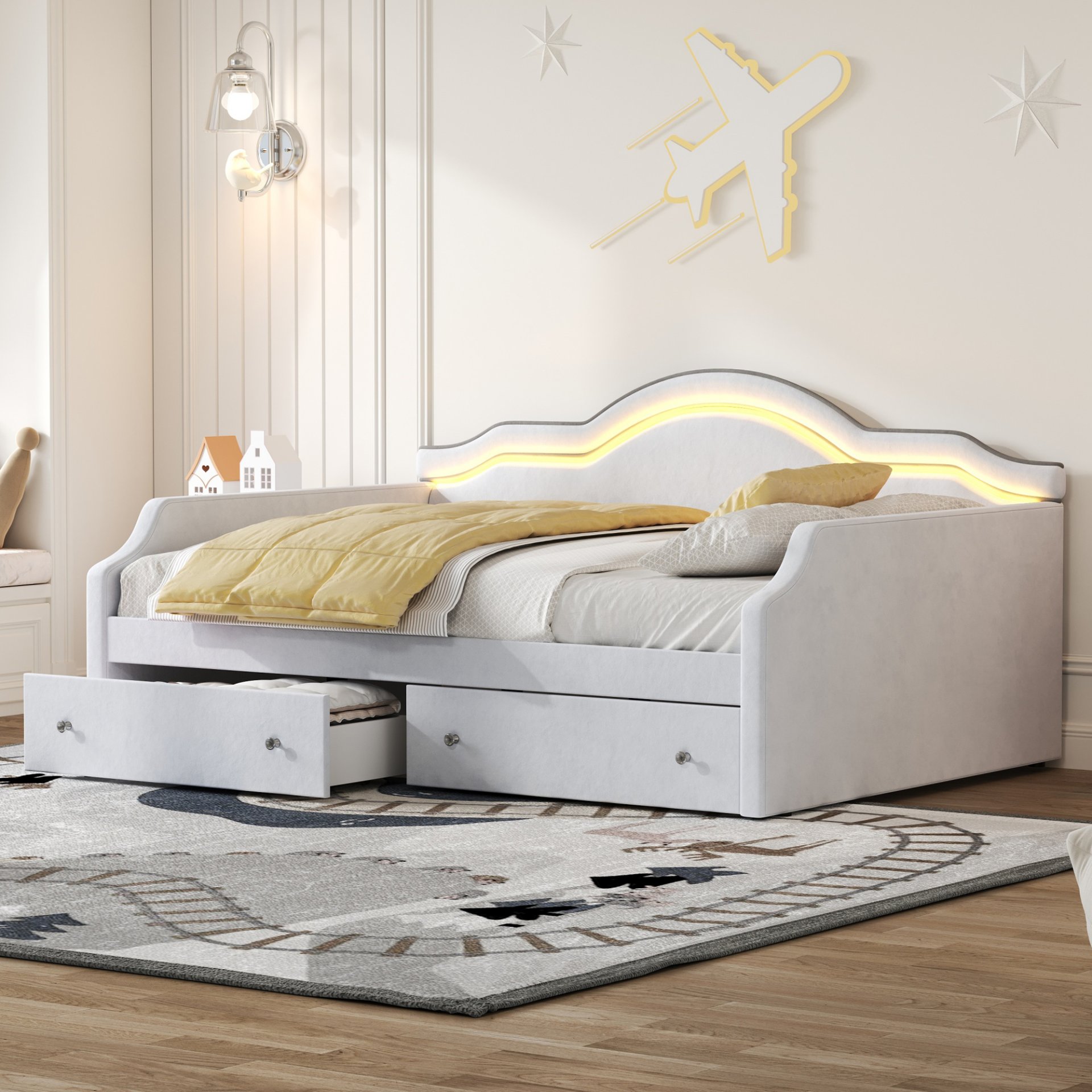 Full Size Upholstered Daybed With LED Lights And 2 Drawers - Beige - Image 2