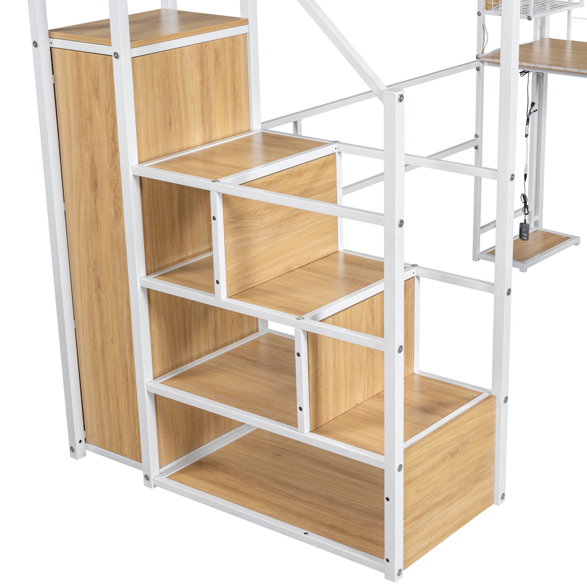 Twin Size Loft Bed With Built In Work Station, Wardrobe, Storage Staircase And LED - White - Image 10