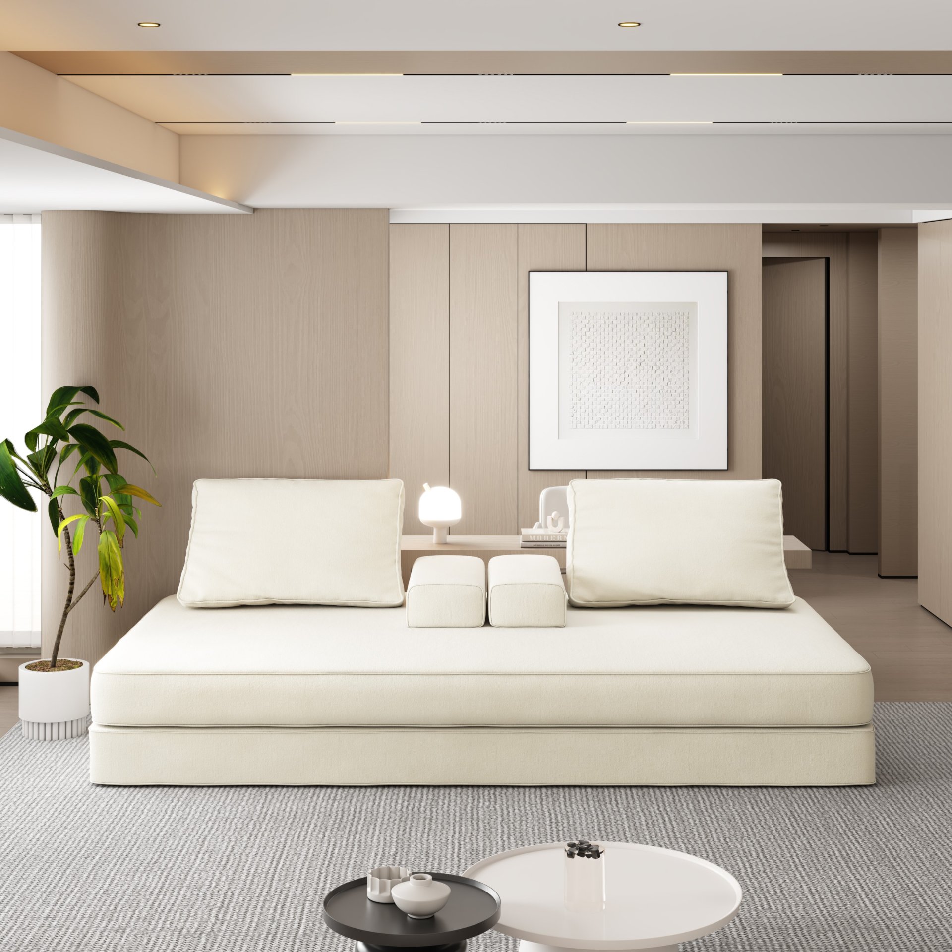 Multifunctional Convertible Sofa Bed With 2 Tumbler Backrests And 2 Pillows, Diy Modern Upholstered Couch - Beige - Image 8