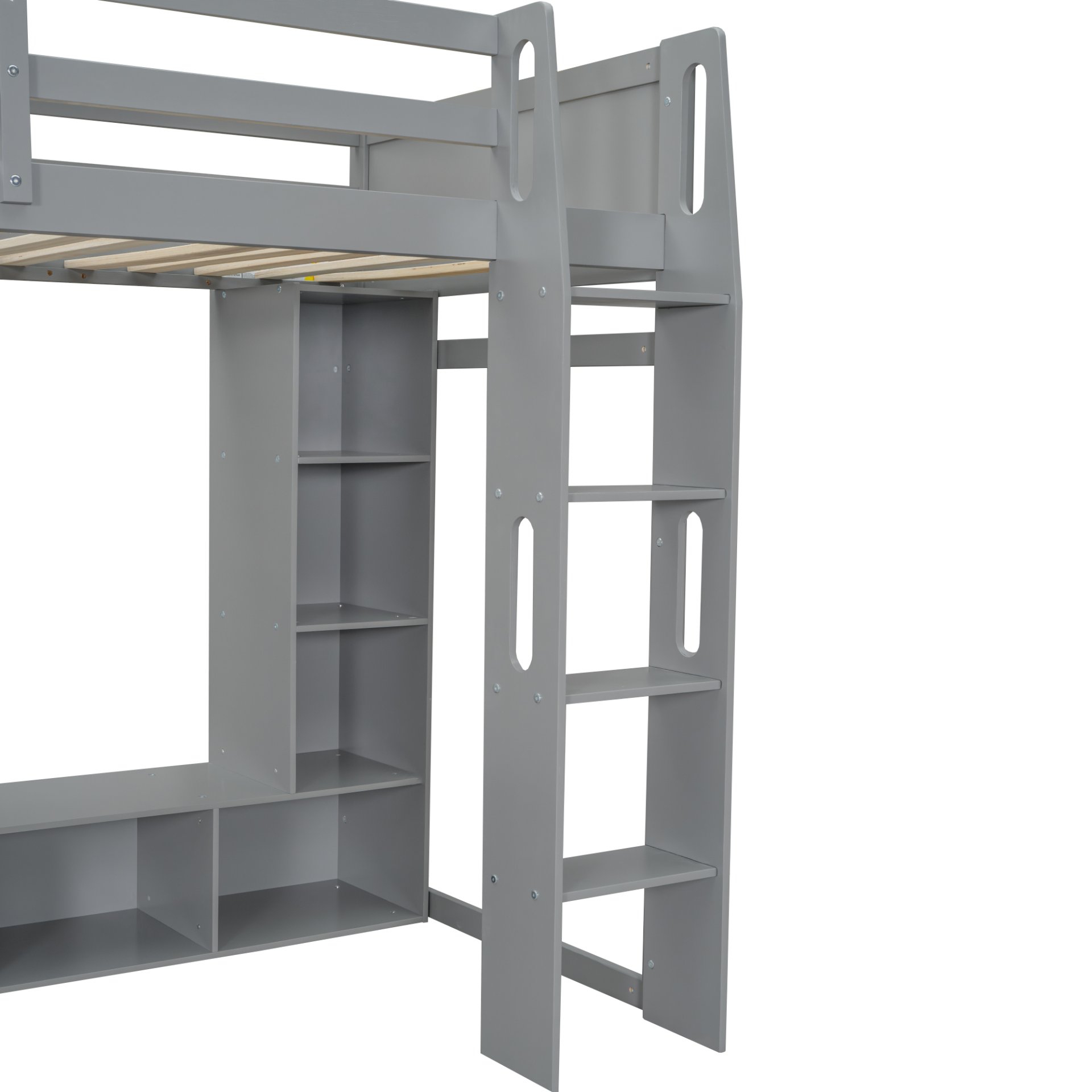 Twin Size Gaming Loft Bed With Desk, Multi Storage Shelves, LED Lighting, And Hanging Clothes Rack - Gray - Image 14