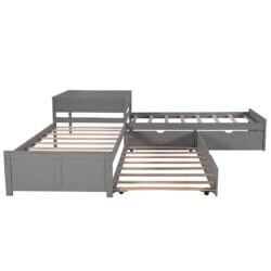 L-Shaped Platform Bed With Trundle And Drawers Linked With Built In Desk, Twin - Gray