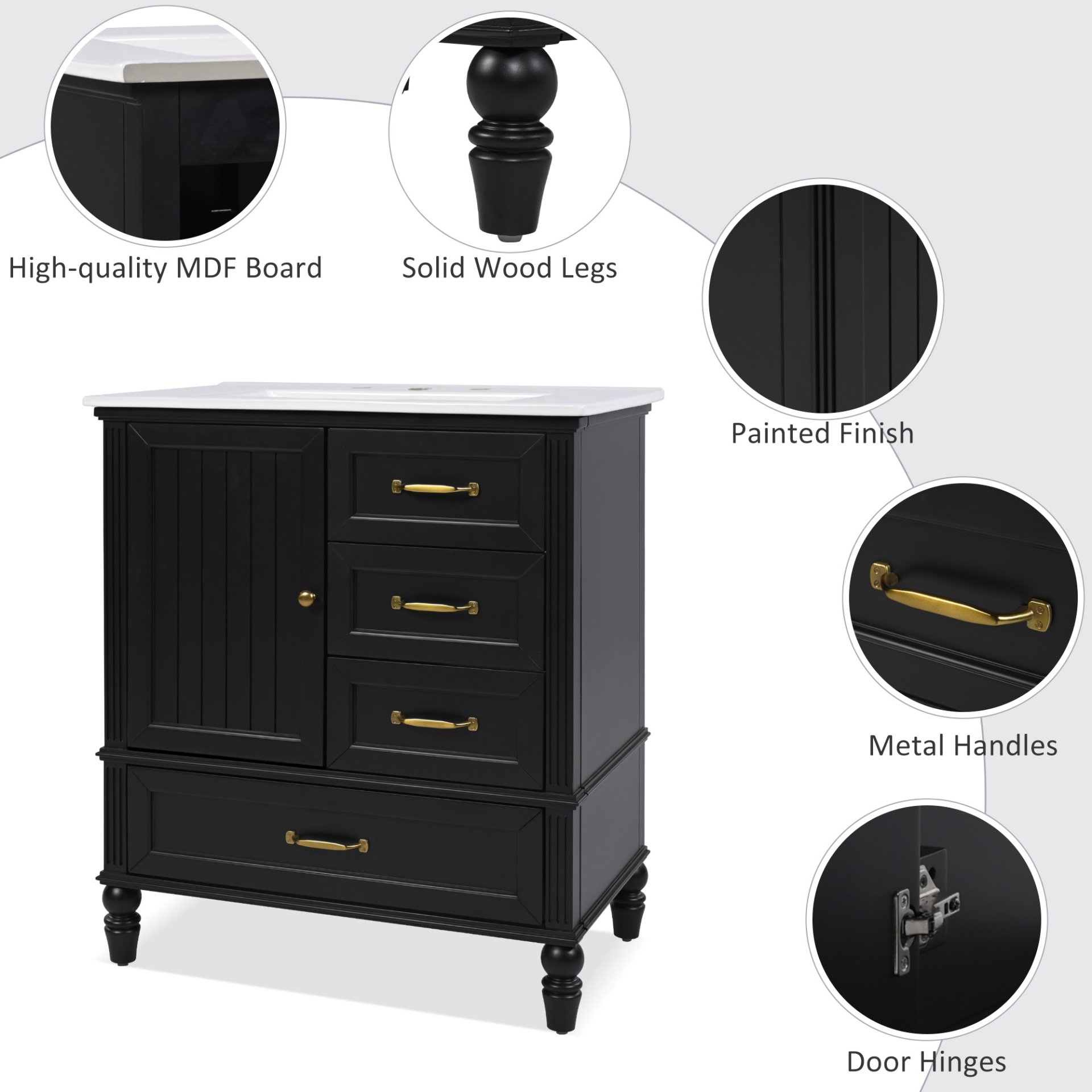 30" Bathroom Vanity With Sink, Cabinet With Door & 3 Drawers - Black - Image 8