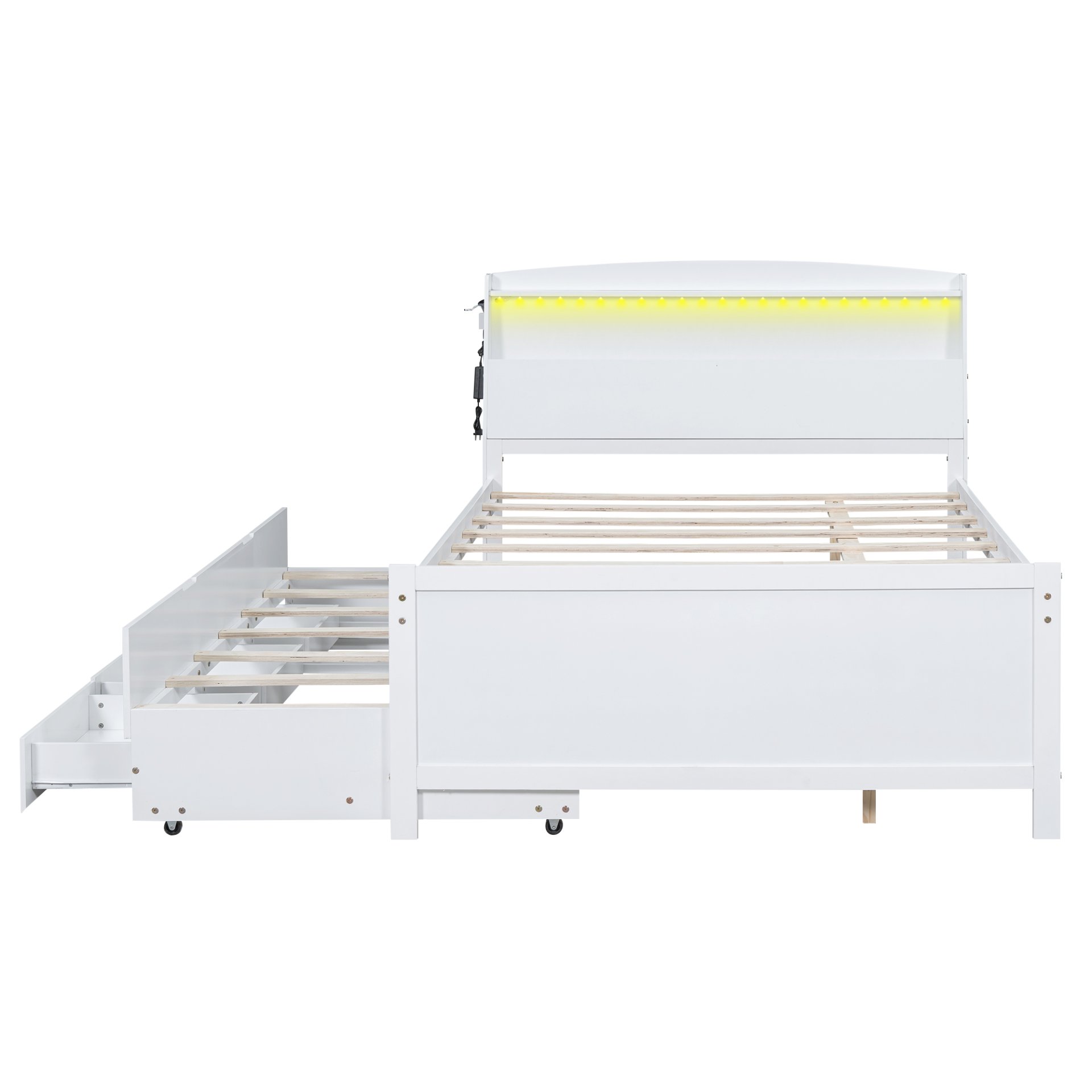 Full Size Platform Bed With Storage LED Headboard, Twin Trundle And 3 Drawers - White - Image 9