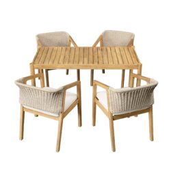 Outdoor Dining Set 1 Table 4 Chairs (Set of 5) - Teak / Beige