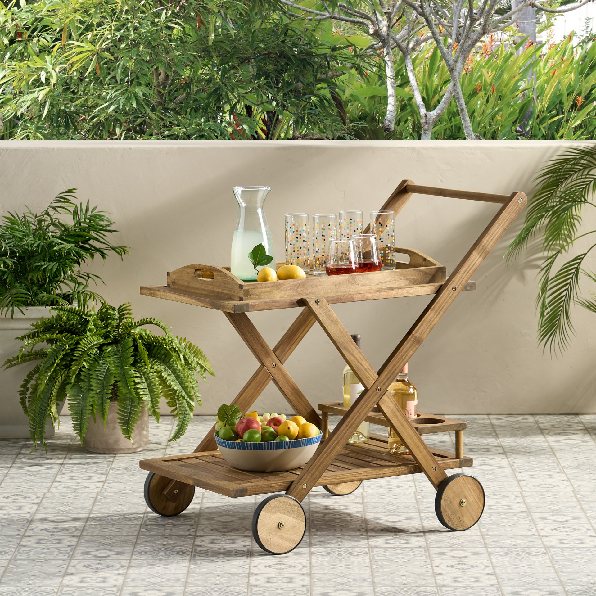 Riviera Bar Cart Stained Mobile With Wheels For Entertaining - Natural Stained - Image 2