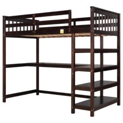 Twin Size Loft Bed With Storage Shelves And Under Bed Desk - Espresso