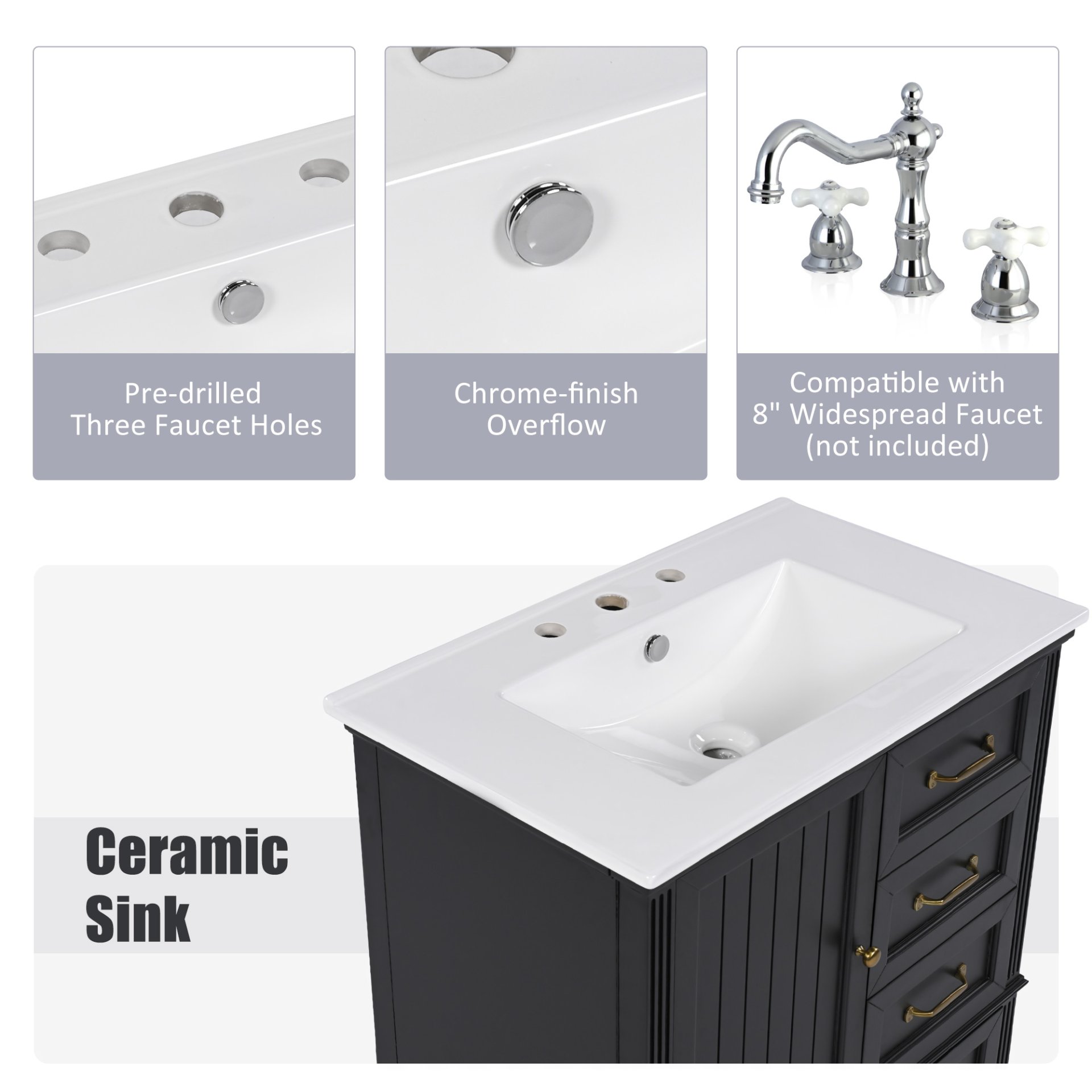 30" Bathroom Vanity With Sink, Cabinet With Door & 3 Drawers - Black - Image 9