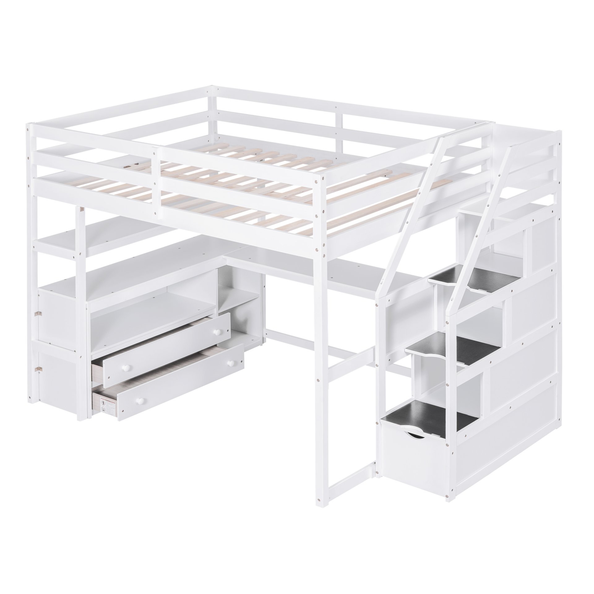 Full Size Loft Bed With Desk, Shelves, 2 Drawers, Storage Staircase - White - Image 7