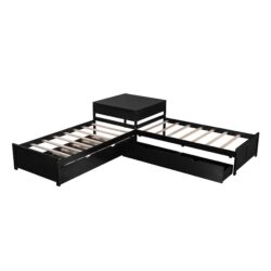 L-Shaped Platform Bed With Trundle And Drawers Linked With Built In Desk, Twin - Espresso