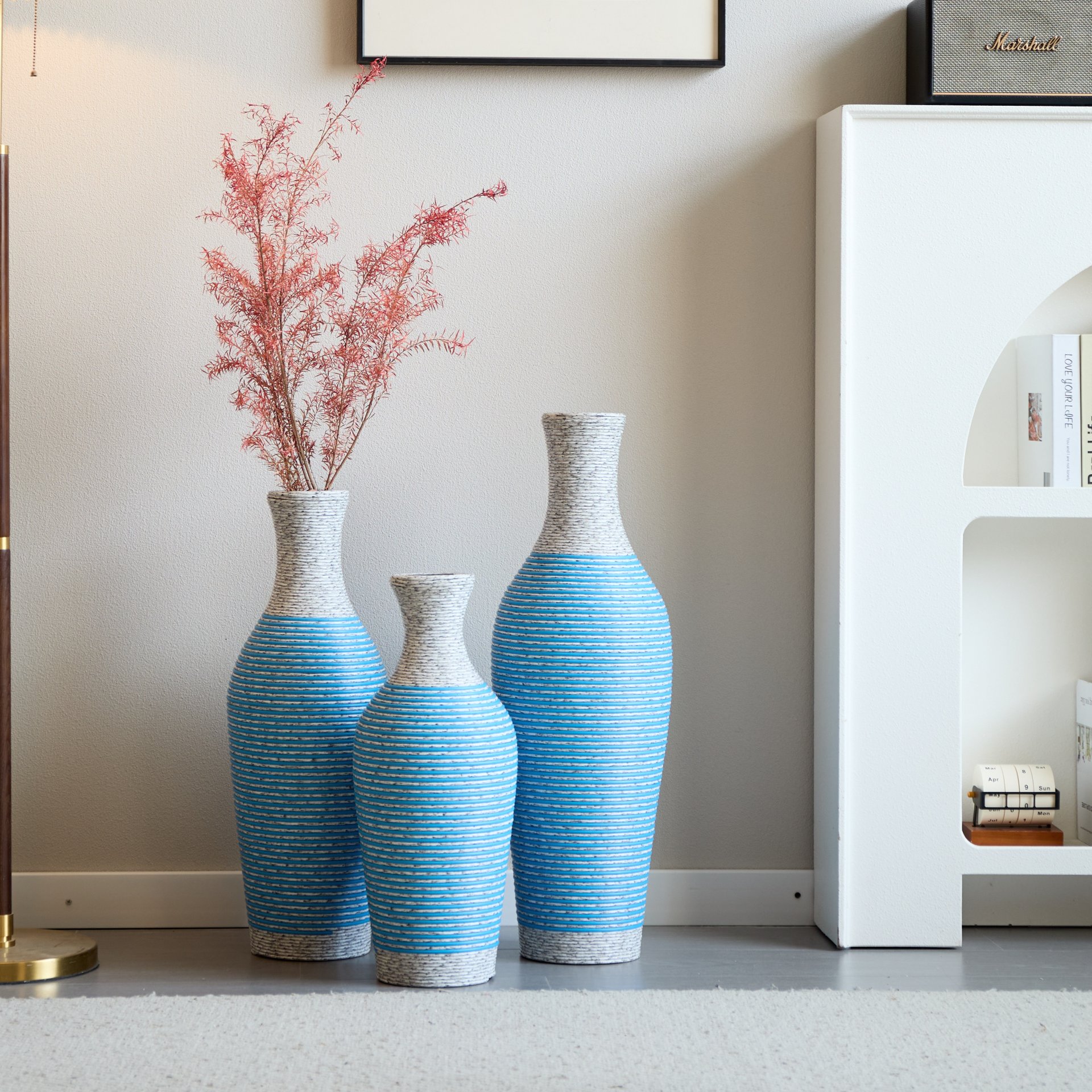 Desktop Vase, Classic And Neat Floor Vase, High Independent Flower Stand, Home Decoration Flower Stand (Set of 3) - White / Blue - Image 15