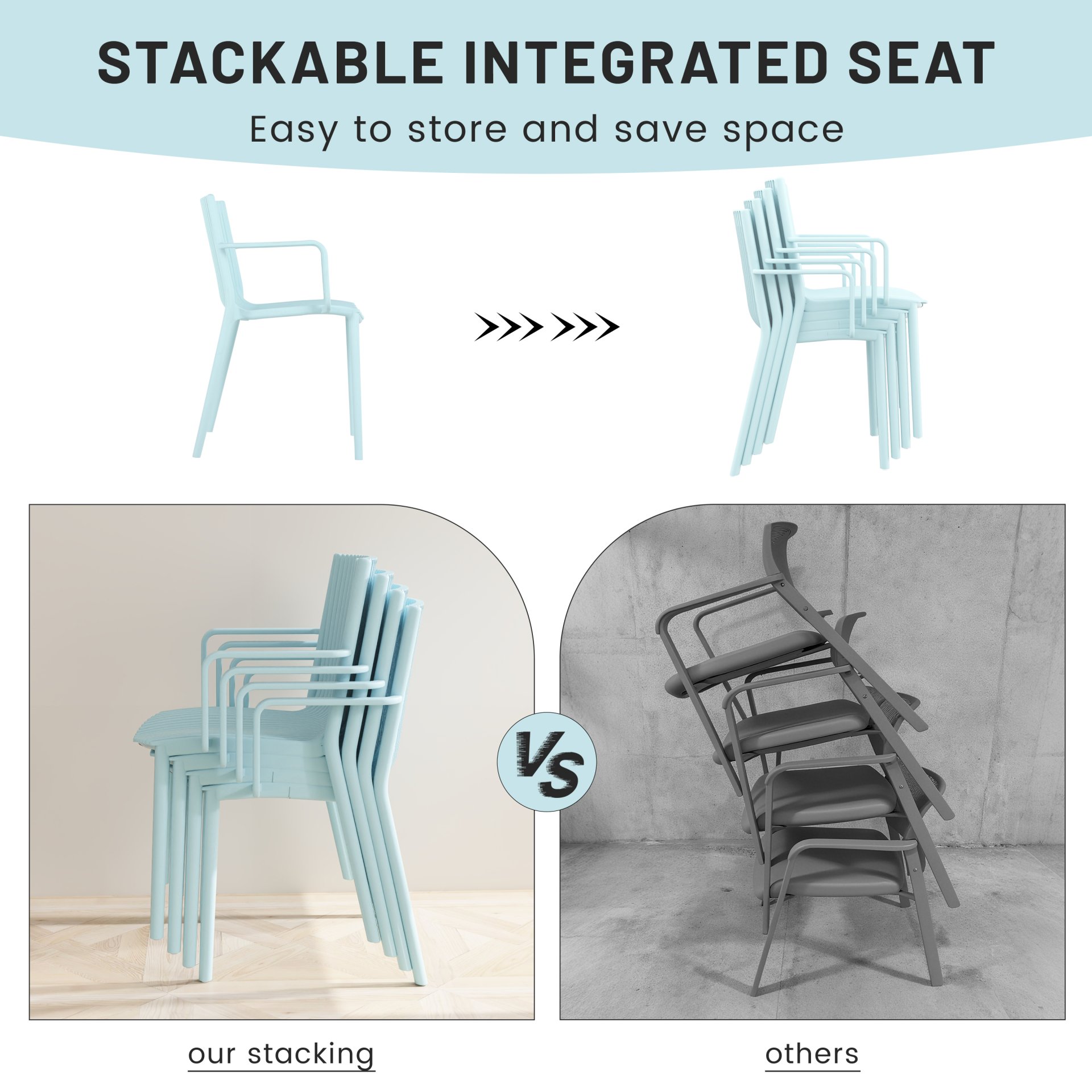 4 Piece Stackable Single Chairs With Vertical Stripe Design For All Weather - Light Blue - Image 14