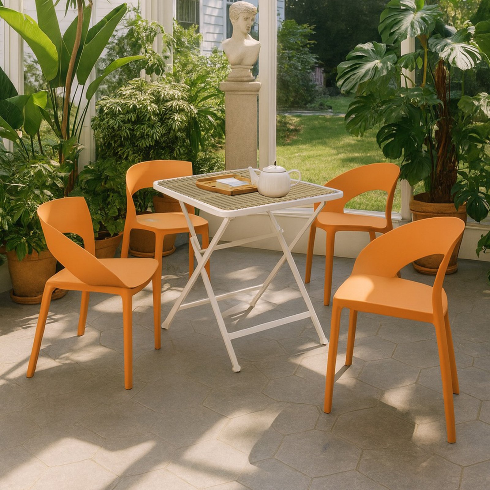 4 Piece Set Of Color Block Designed Single Chairs With Folding Square Table - Khaki / Tropical Orange / White - Image 11