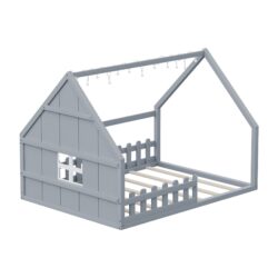 Full Size House Bed With Window And Fence - Gray