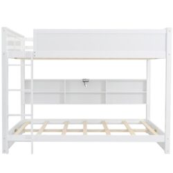 Queen Over Queen Bunk Bed With Storage Cabinets And USB Ports - White