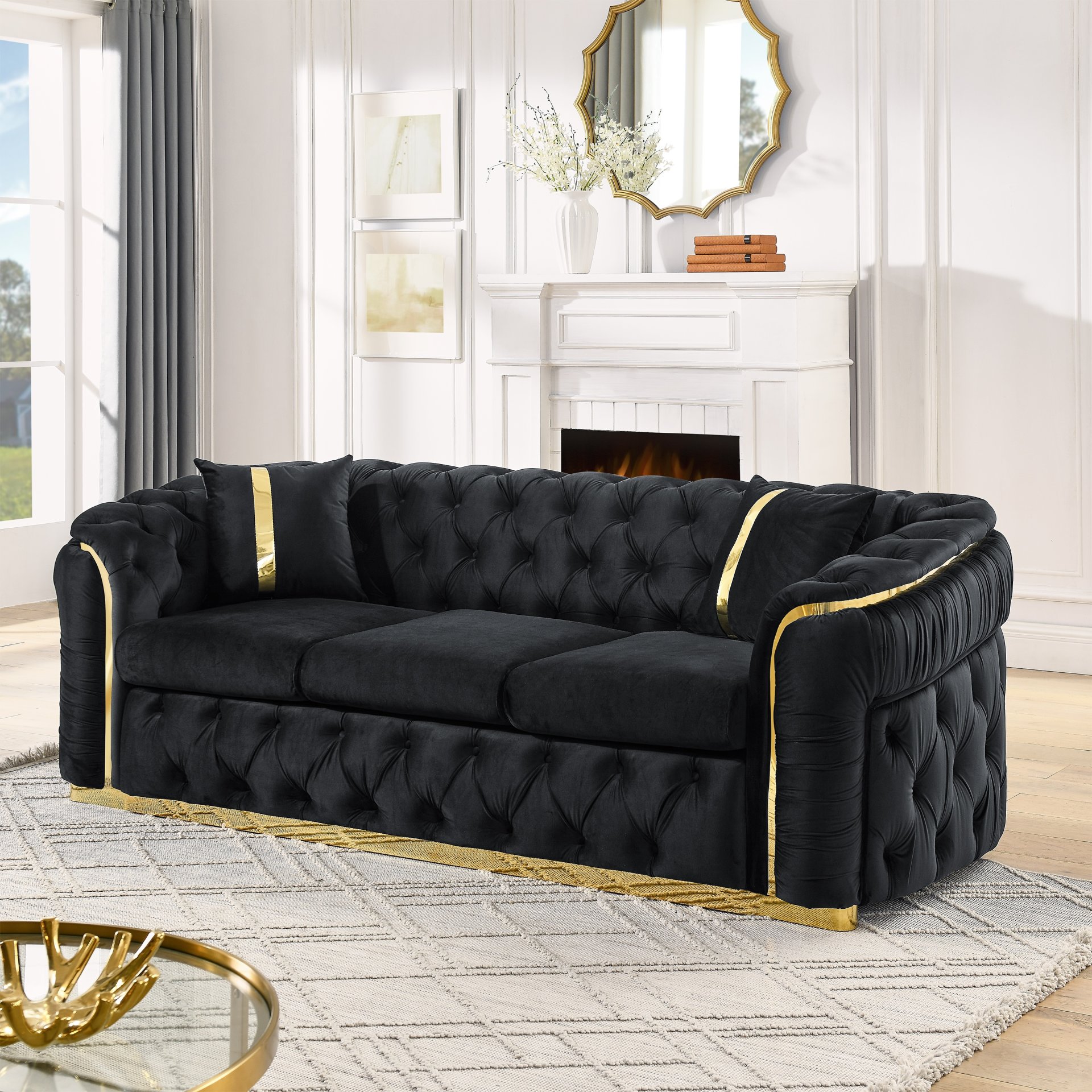 Velvet Button Tufted Sofa Couch With 2 Pillows 3 Seater Luxury Chesterfield Sofa Set With Stainless Steel Accents For Living Room - Black - Image 2