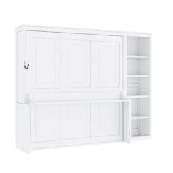 Queen Size Murphy Bed With Desk And Bookshelf - White