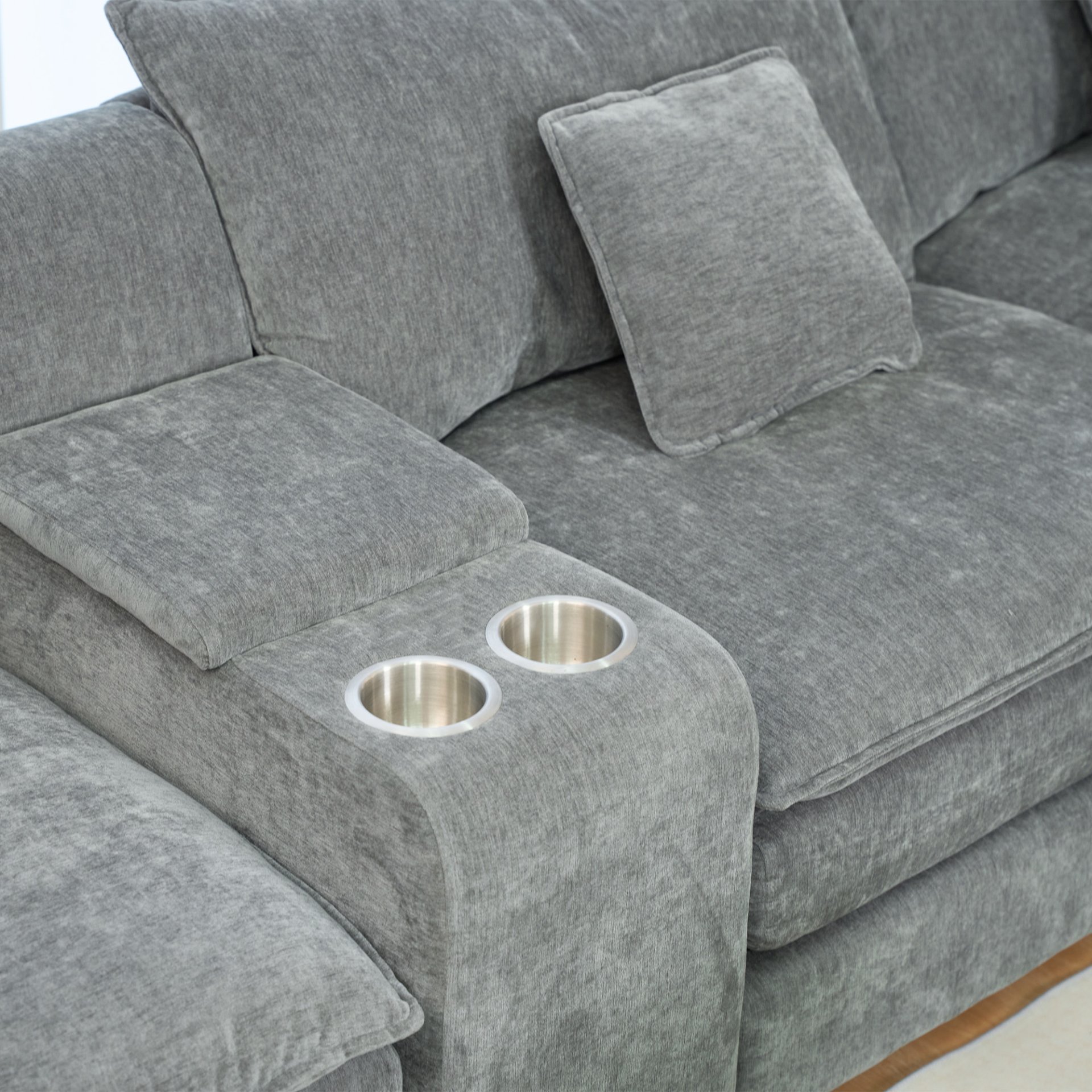 U Shaped Sectional Cloud Couch For Living Room, Fluffy Modular Sofa With Movable Ottoman 6 Seat Sectional Sofa Set With Console, Cup Holders - Gray - Image 8