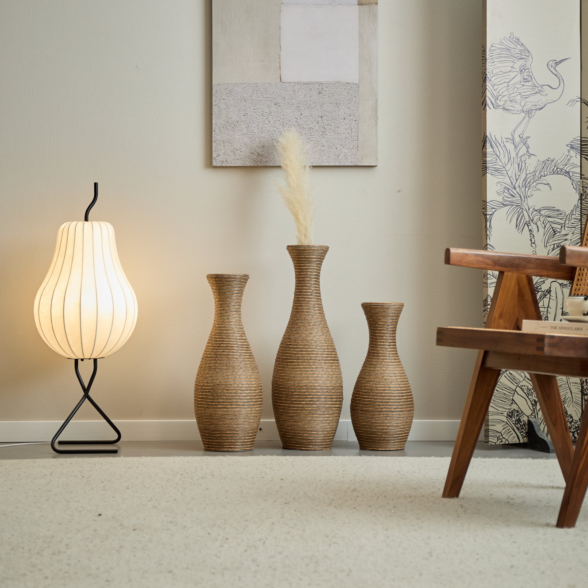 3 Piece Artificial Rattan Floor Vase Set Decorative Accent For Living Room, Hallway & Entryway, Ideal For Dried Or Silk Flower Arrangements - Beige - Image 7