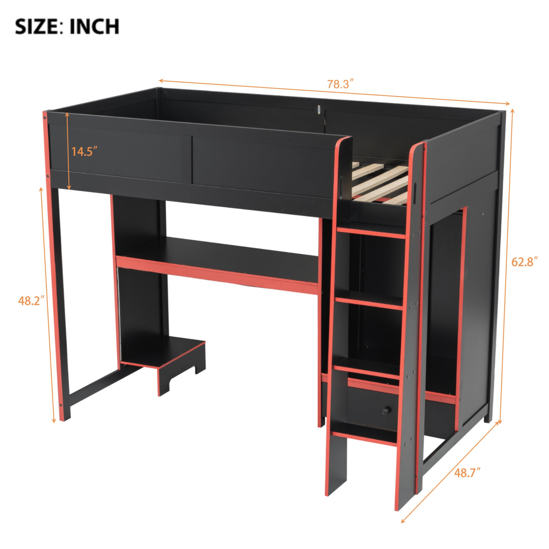 Twin Size Gaming Loft Bed With Built In Desk, Wardrobe, LED Lighting And Drawer - Black - Image 3