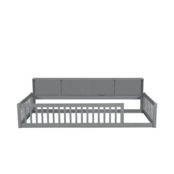 Twin Long Floor Bed With Storage Cabinets And USB Ports - Gray