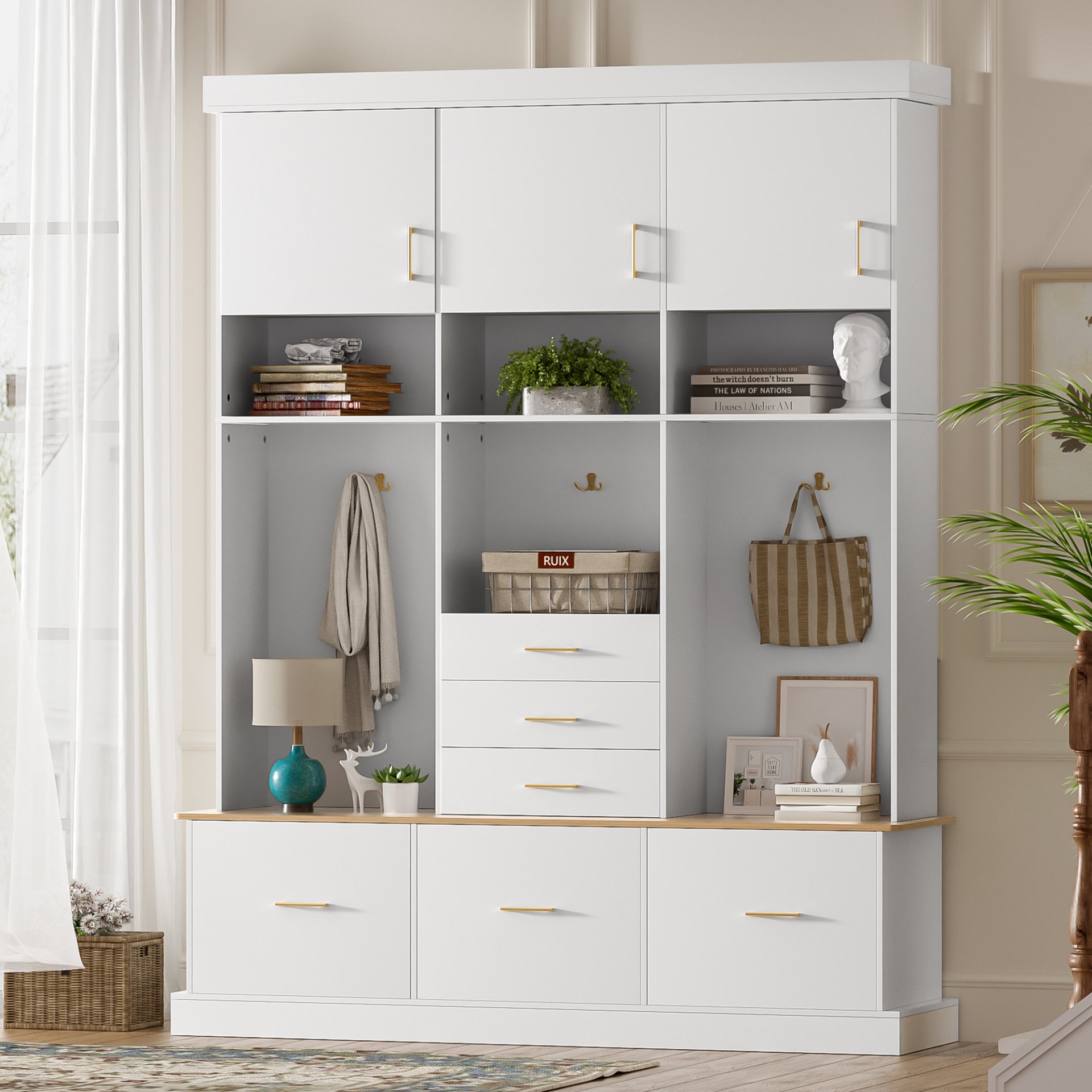 Entryway Hall Tree With Bench And Storage, 5 In 1 Coat Rack, 6 Drawers, 3 Cabinets And 3 Tier Top Storage - White - Image 4