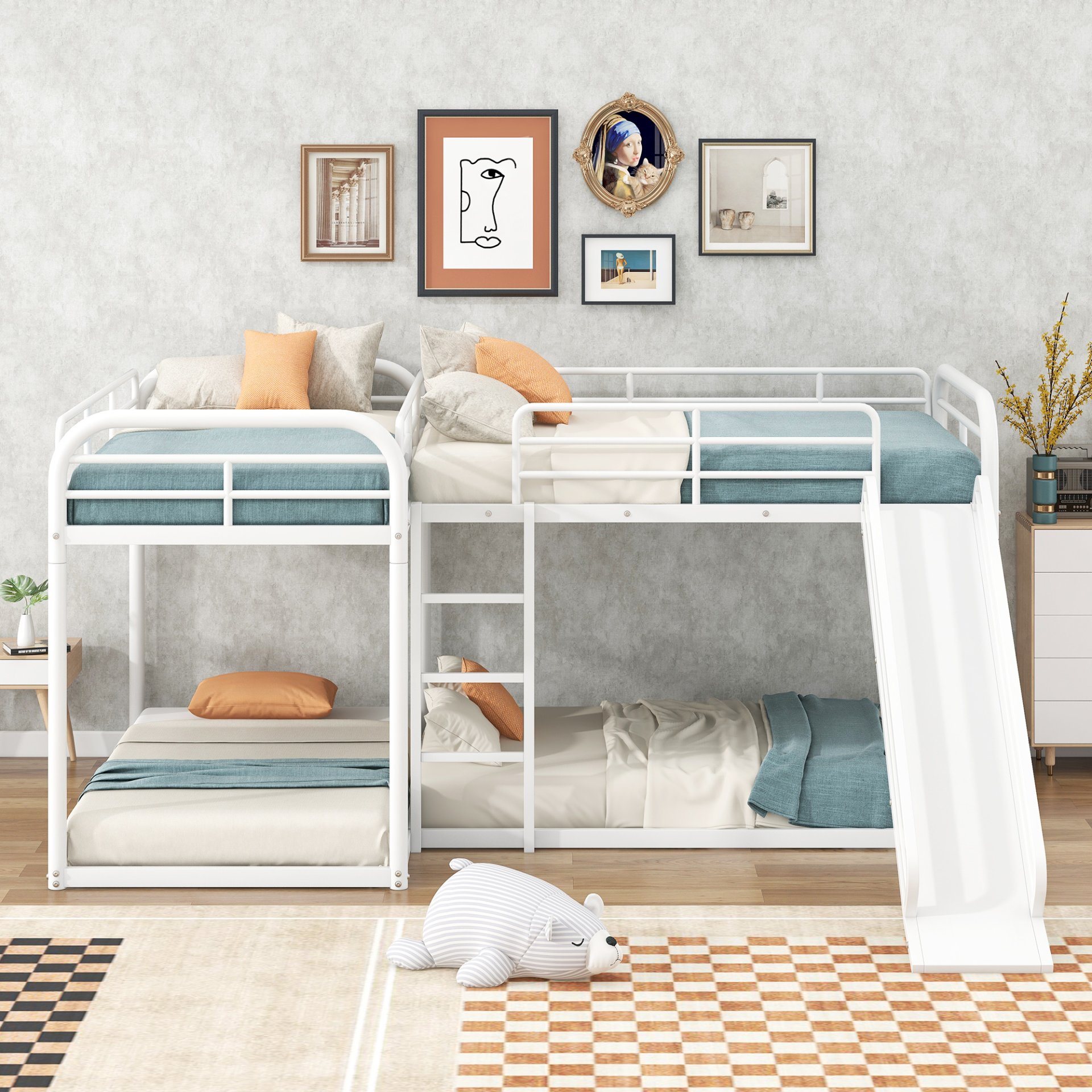 L-Shaped Bunk Bed With Slide And Short Ladder For Full And Twin Size - White - Image 5