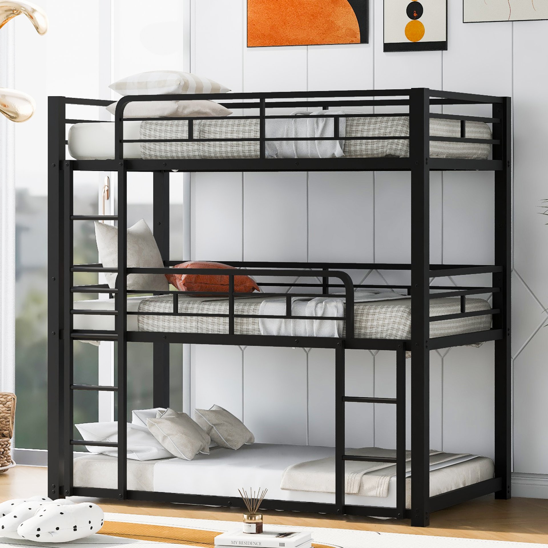 Twin Size Triple Bunk Bed Sturdy 3 Bed Stack With Dual Ladders, Heavy Duty Steel Frame, Space Saving Design - Black - Image 2