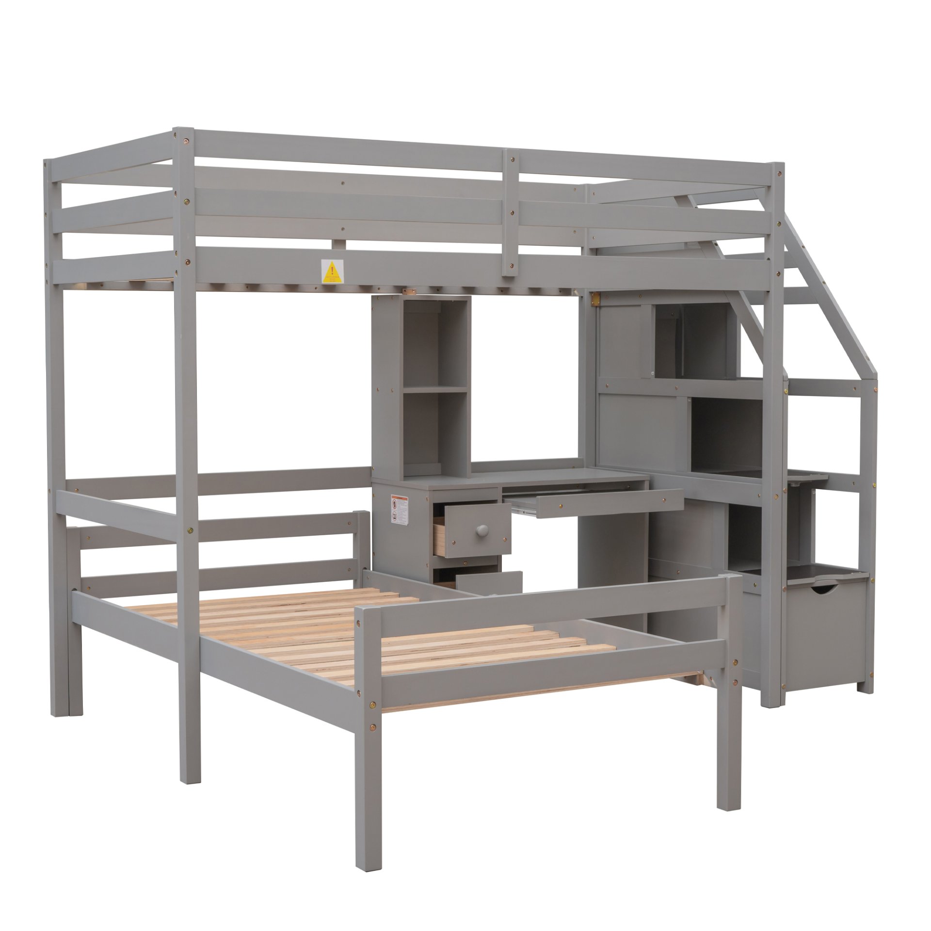 Twin Size Loft Bed With Stand Alone Bunk, Storage Staircase, Desk, Shelves, And Drawers - Gray - Image 7