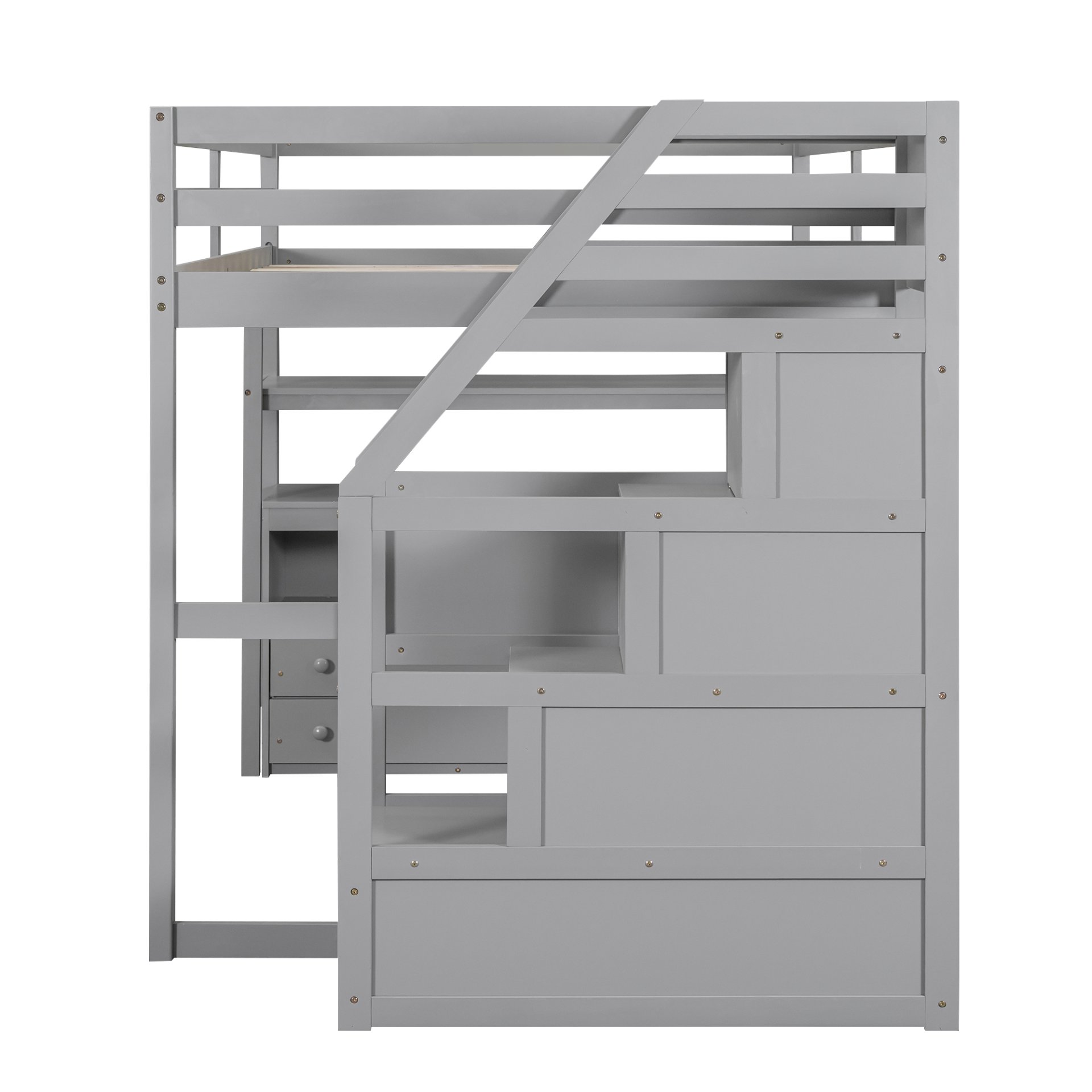 Full Size Loft Bed With Desk, Shelves, 2 Drawers, Storage Staircase - Gray - Image 13