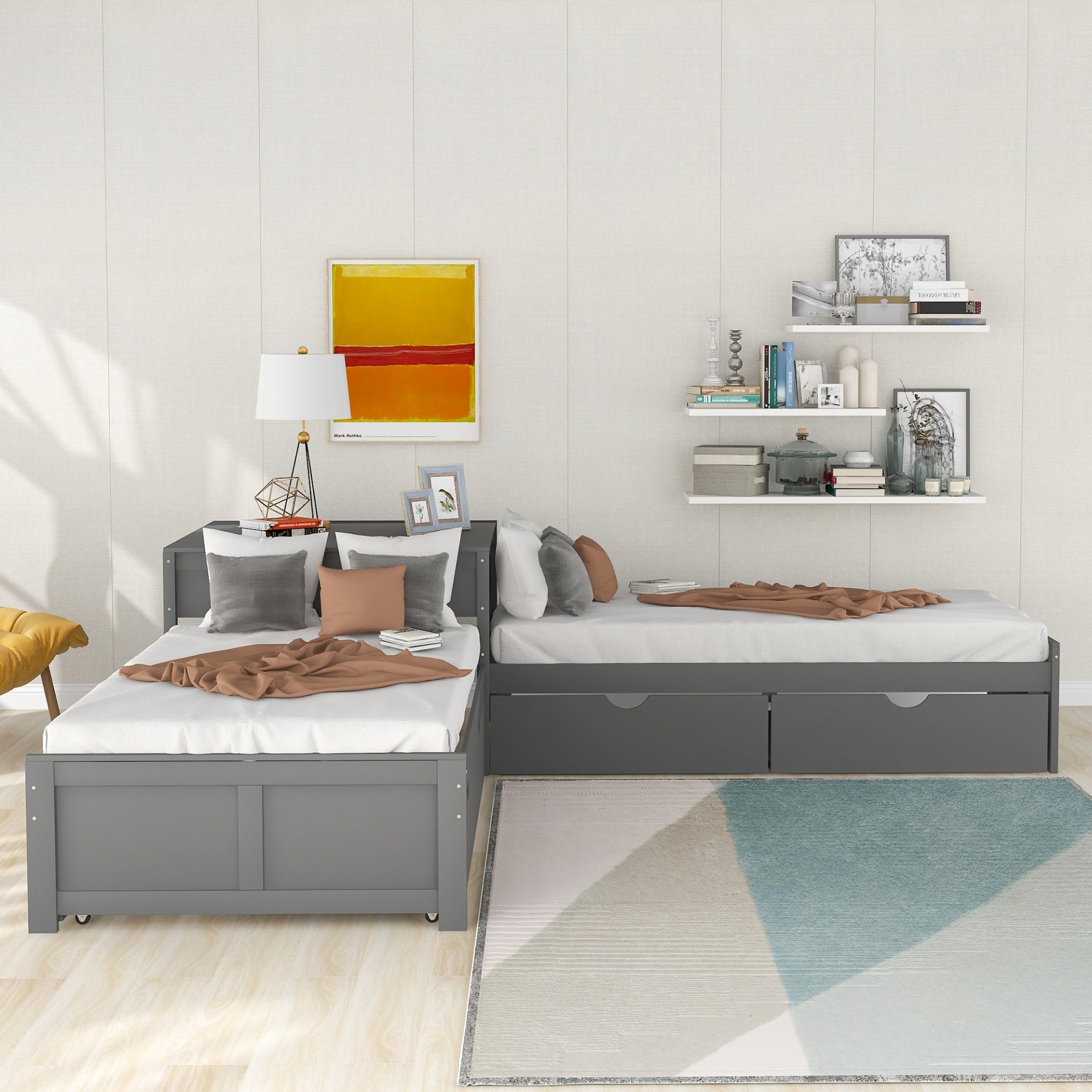 L-Shaped Platform Bed With Trundle And Drawers Linked With Built In Desk, Twin - Gray - Image 5