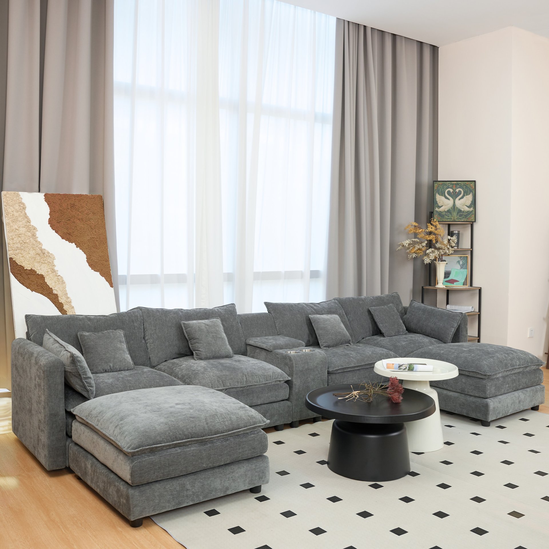 U Shaped Sectional Cloud Couch For Living Room, Fluffy Modular Sofa With Movable Ottoman 6 Seat Sectional Sofa Set With Console, Cup Holders - Gray - Image 4