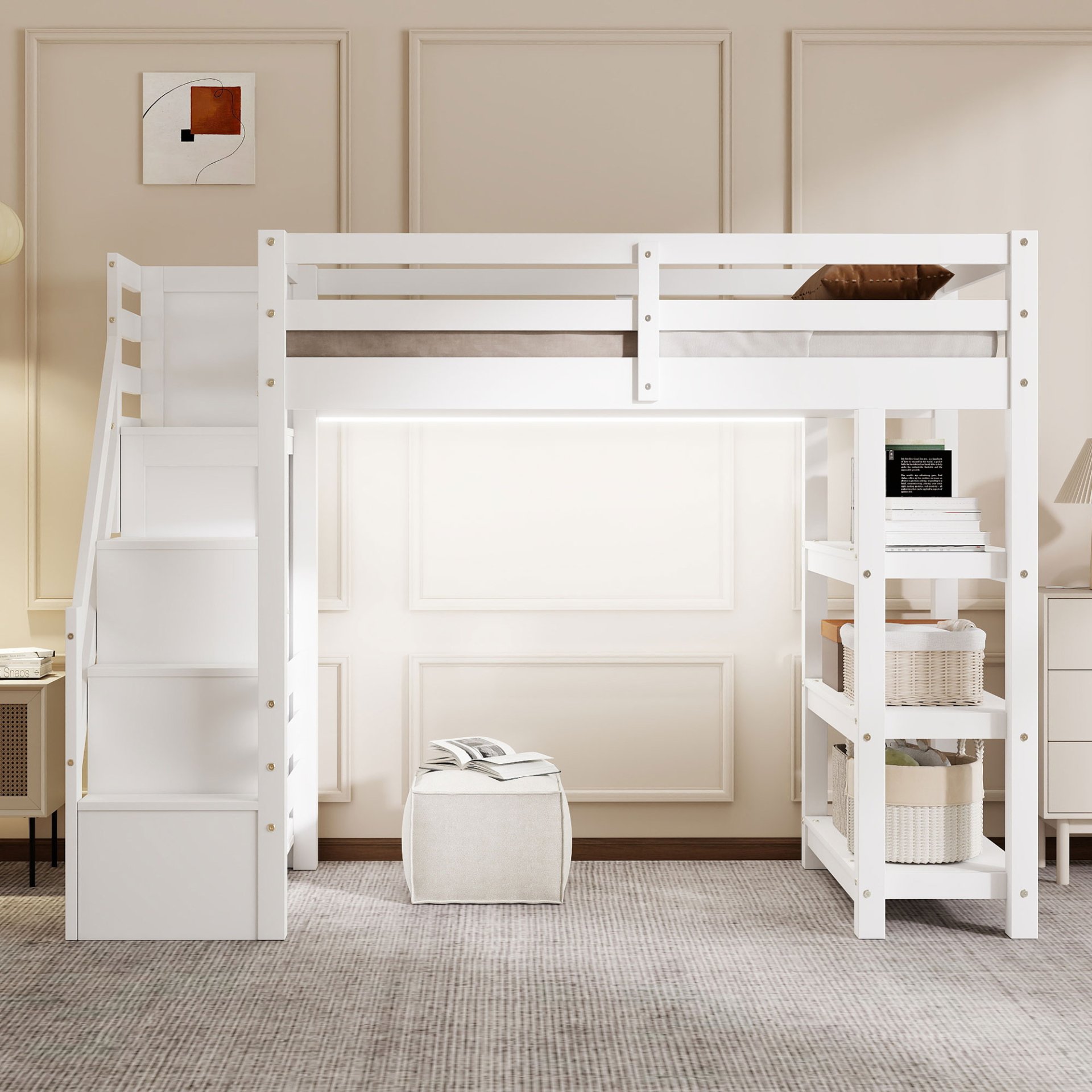 Twin Size Loft Bed With 4 Layer Shelves, Storage Staircase, Small Wardrobe And LED Light - White - Image 6