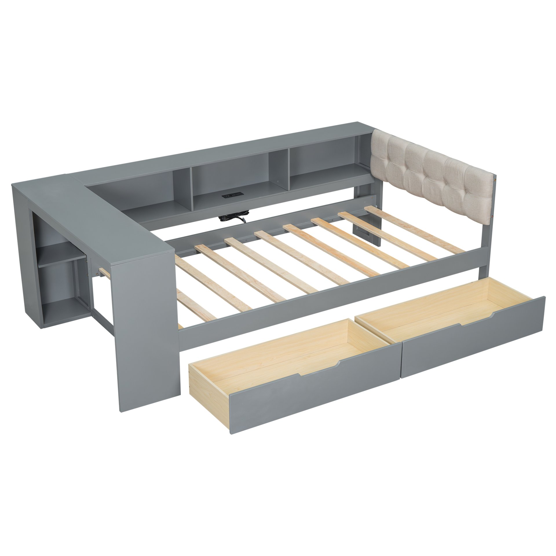 Upholstered Headboard Twin Size Platform Bed With Storage Shelves, Drawers, Charging Station - Gray - Image 11
