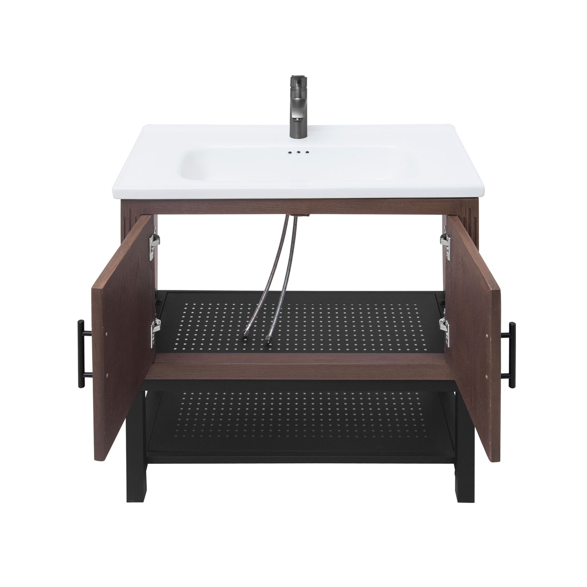 Modern Freestanding Bathroom Vanity With White Ceramic Sink, Hot And Cold Faucet, 2 Door Cabinet & Open Iron Shelf, Magnesium Oxide And Iron Frame - Walnut - Image 12