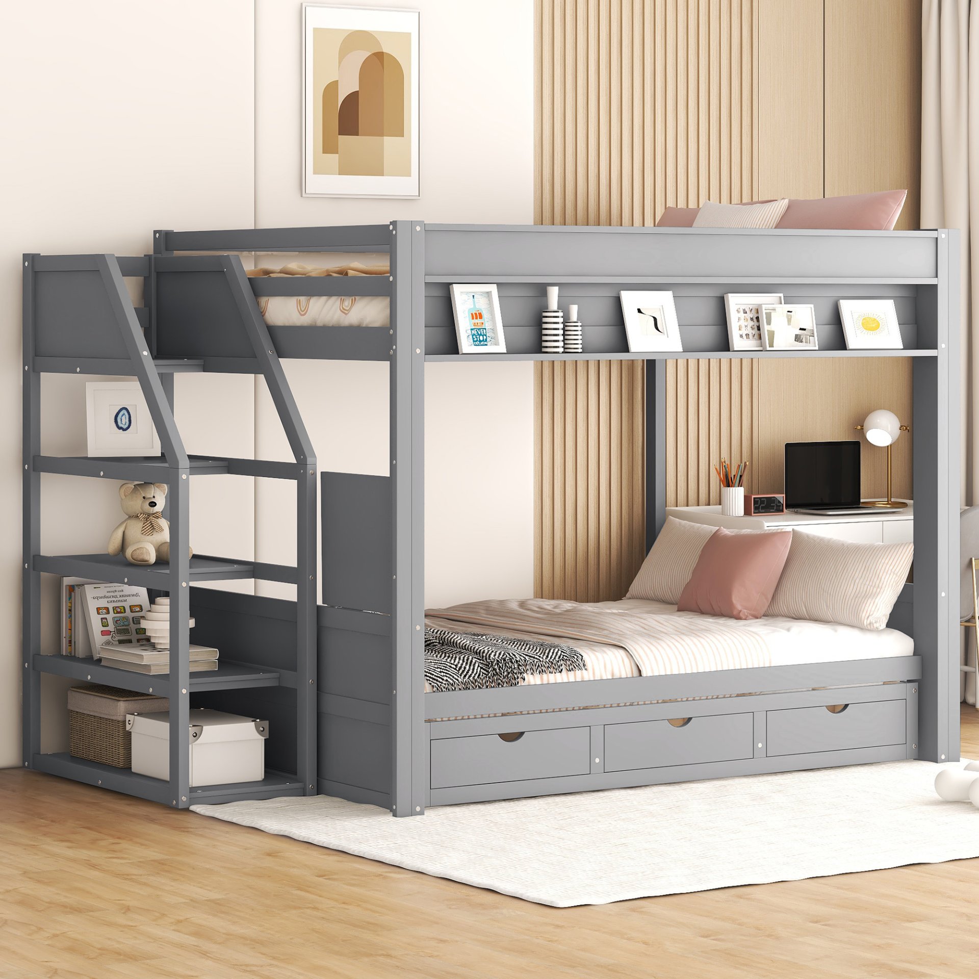 Wood Full Size Convertible Bunk Bed With Storage Staircase, Bedside Table, And 3 Drawers - Gray - Image 5