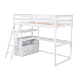 Twin Size Loft Bed With Desk, Shelves And 2 Drawers - White