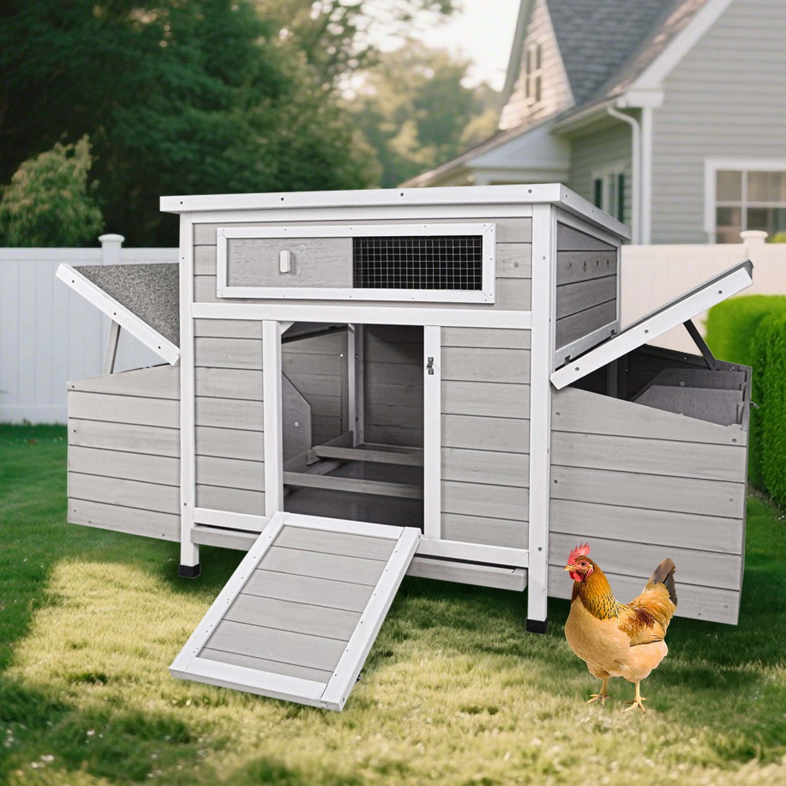 Large Chicken Coop Outdoor Hen House With 2 Sides Nesting Boxes - Gray / White Matte - Image 2