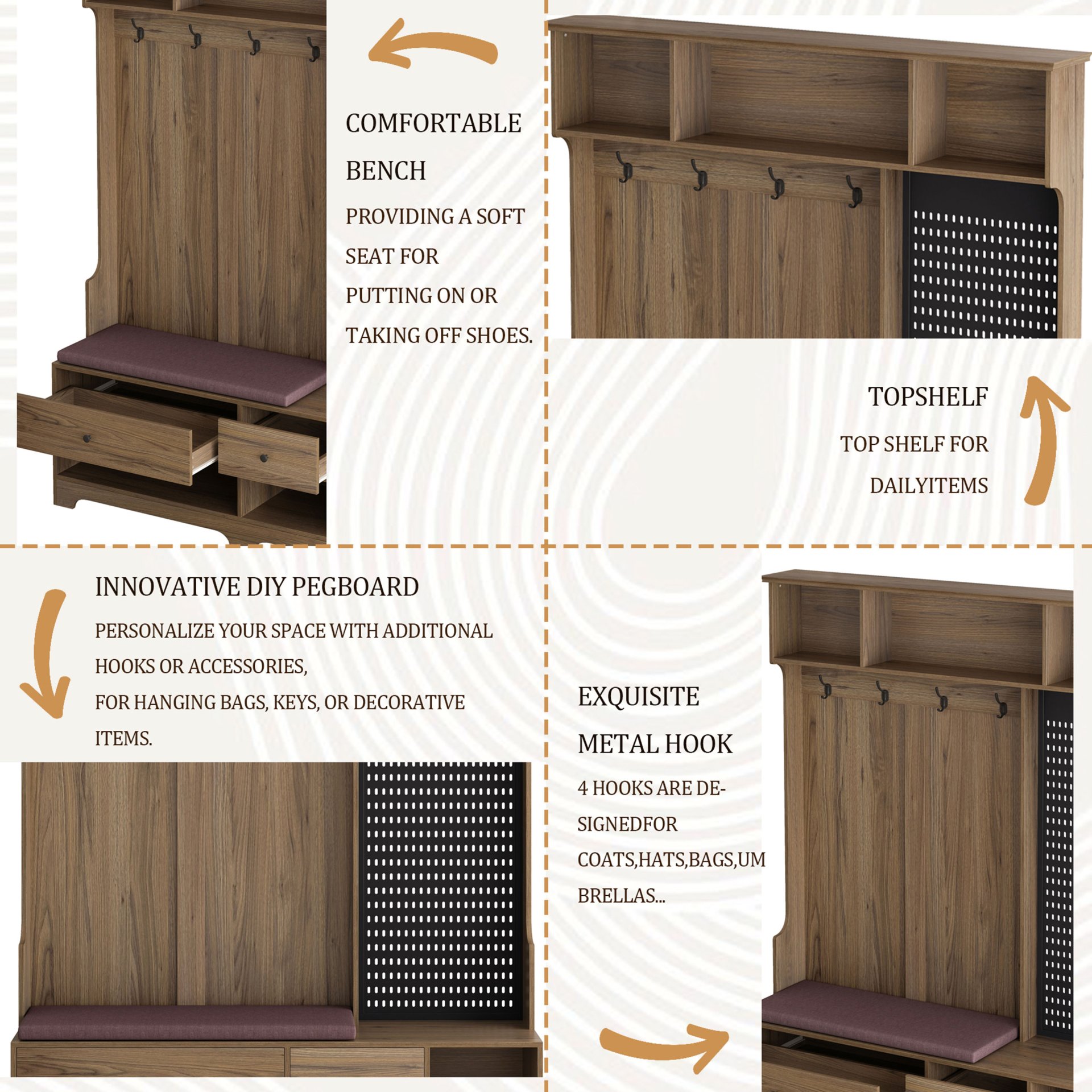 Hallway Hall Tree With Removable Cushion Bench, Coat Rack, Storage Shelves - Brown - Image 7