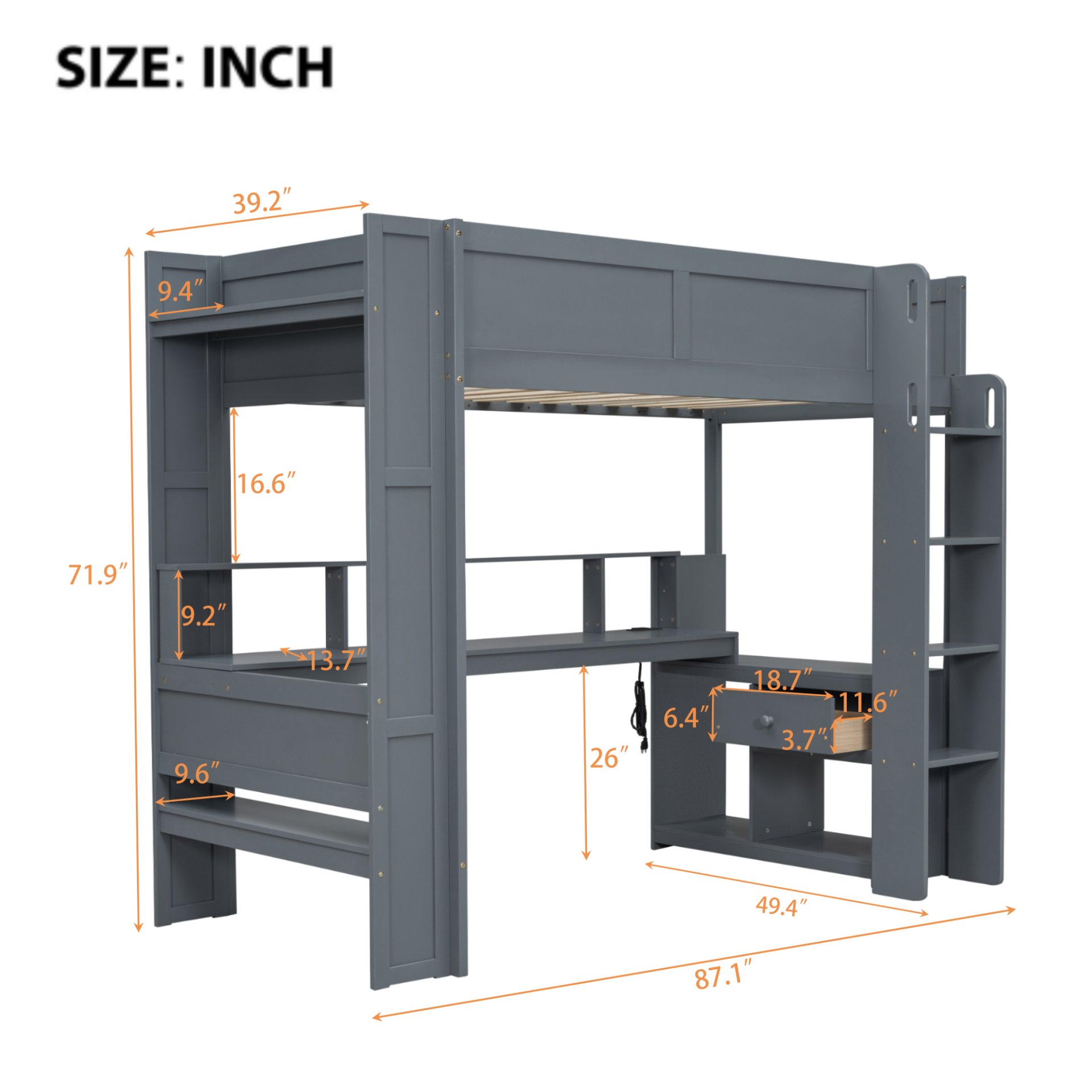 Twin Size Gaming Loft Bed With Desk, Multi Storage Shelves, LED And Charging Station - Dark Gray - Image 3