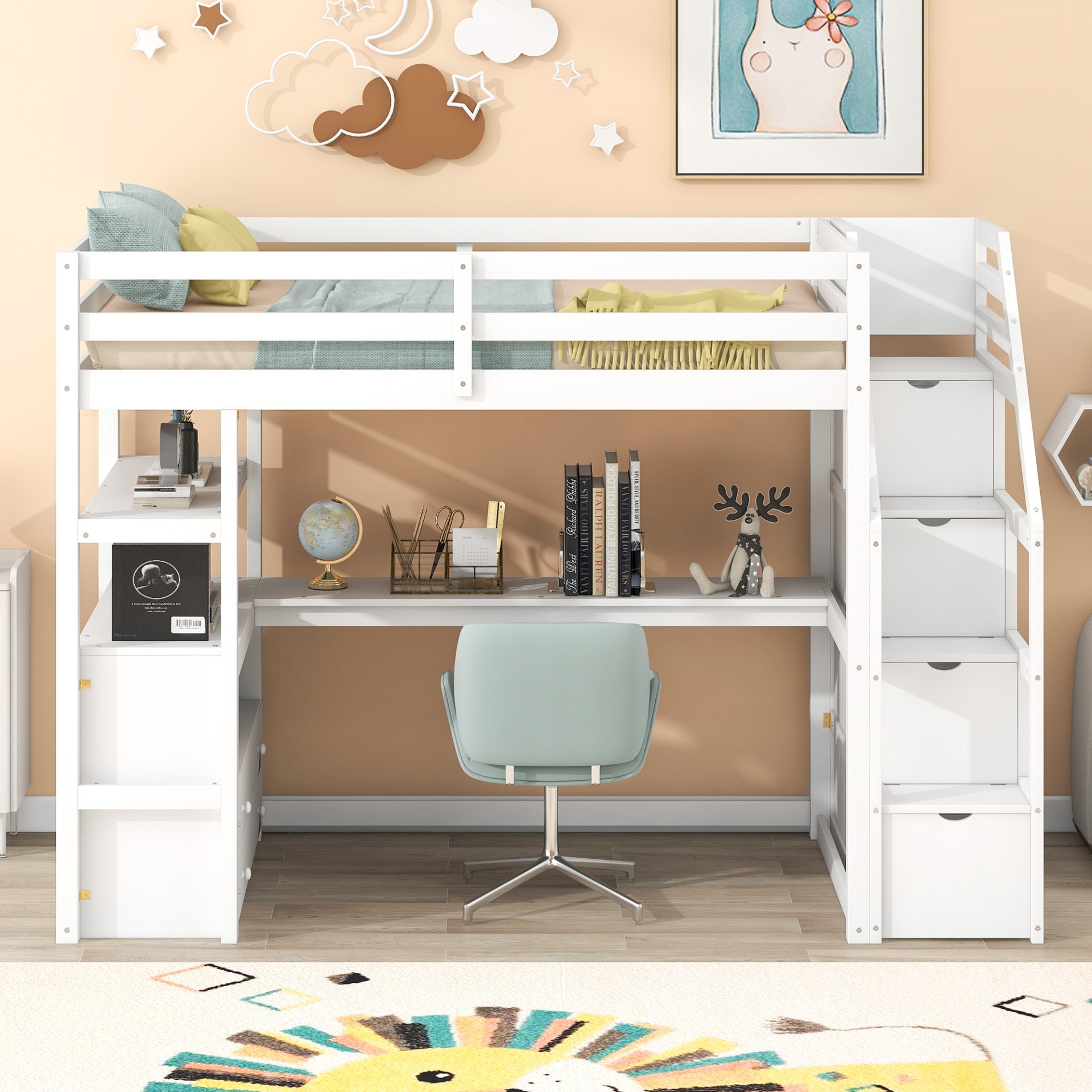 Twin Size Loft Bed With Built In Desk, Shelves, Drawers, And Storage Staircase - White - Image 4