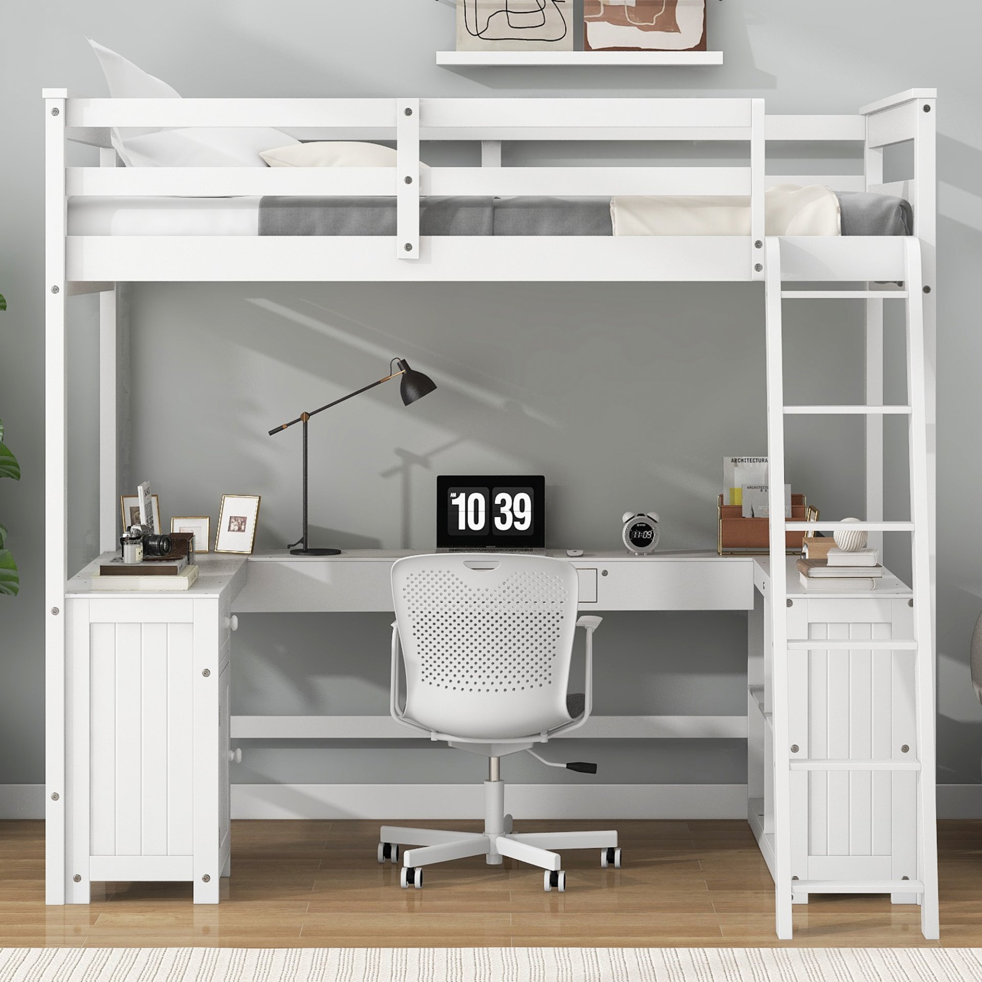 Full Size Loft Bed With U-Shaped Desk, Drawers, And Storage Shelves - White - Image 2