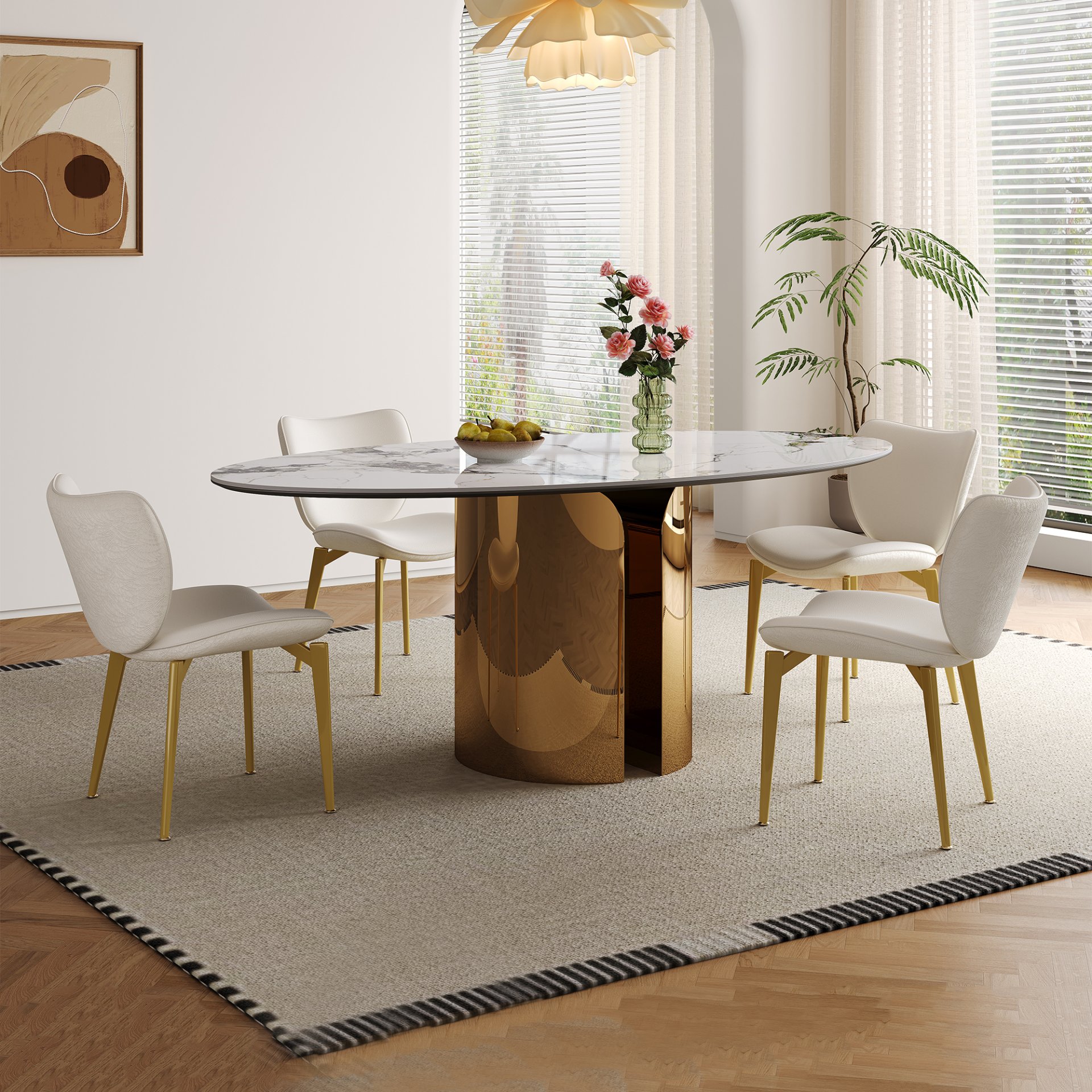 Oval Sintered Stone Dining Table With 4 Chairs - Brown / White - Image 2