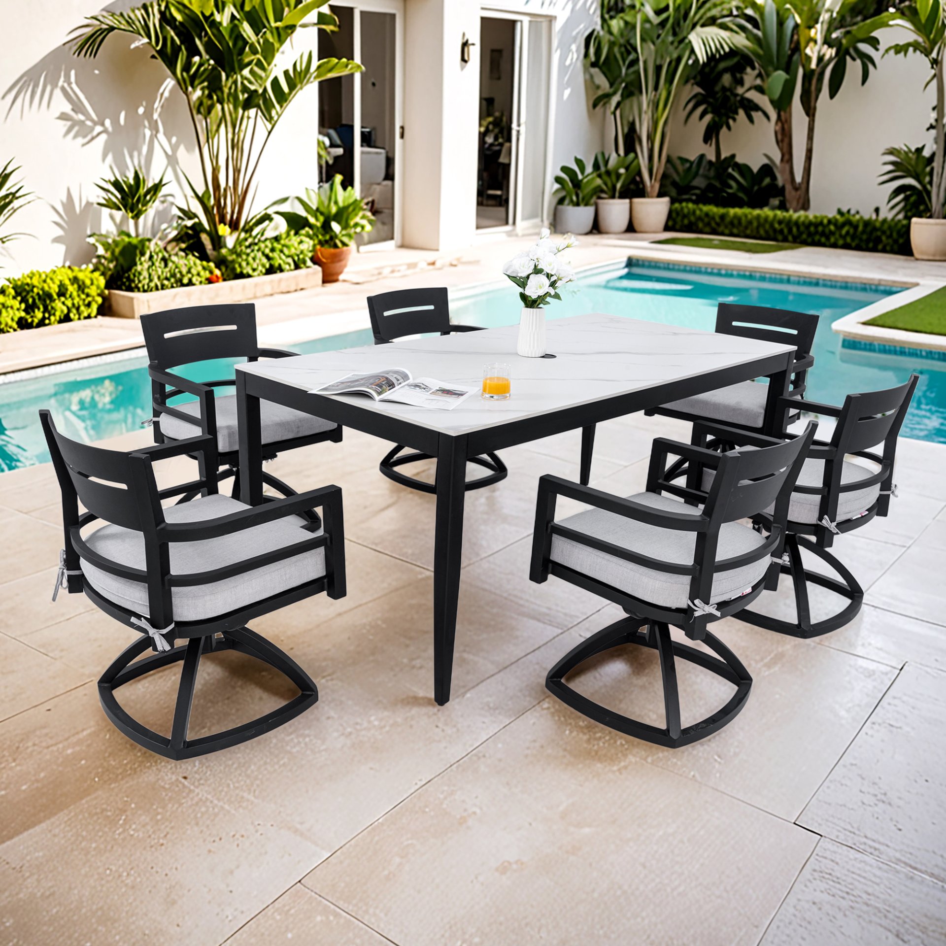 7 Piece Modern Outdoor Patio Dining Set With Table And Swivel Chairs Rockers With Sunbrella Cushions - Ember Black / White - Image 4