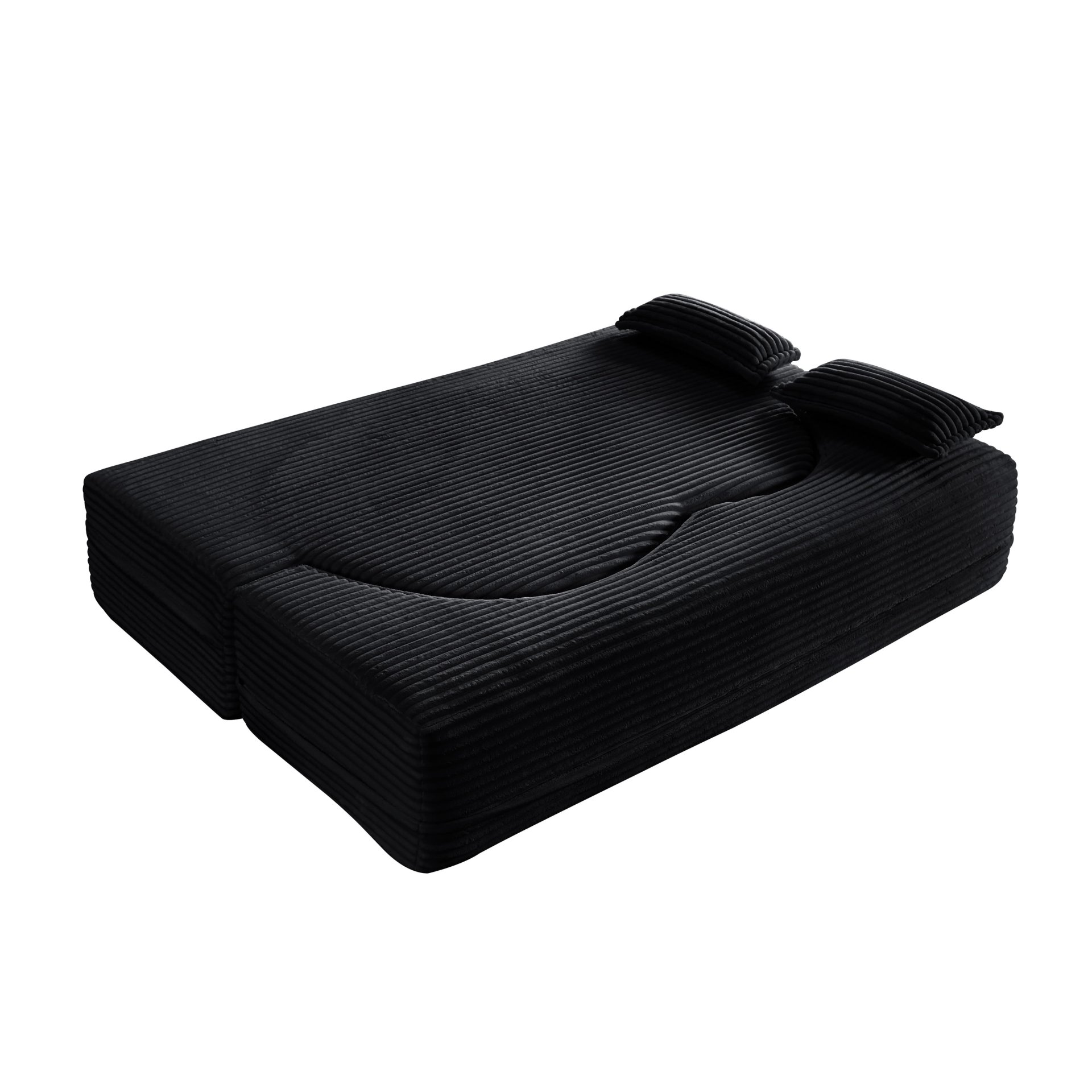 Floor Sofa With 2 Pillows, Convertible Plush Corduroy Foam Filled Sleeper Sofa Bed - Black - Image 15