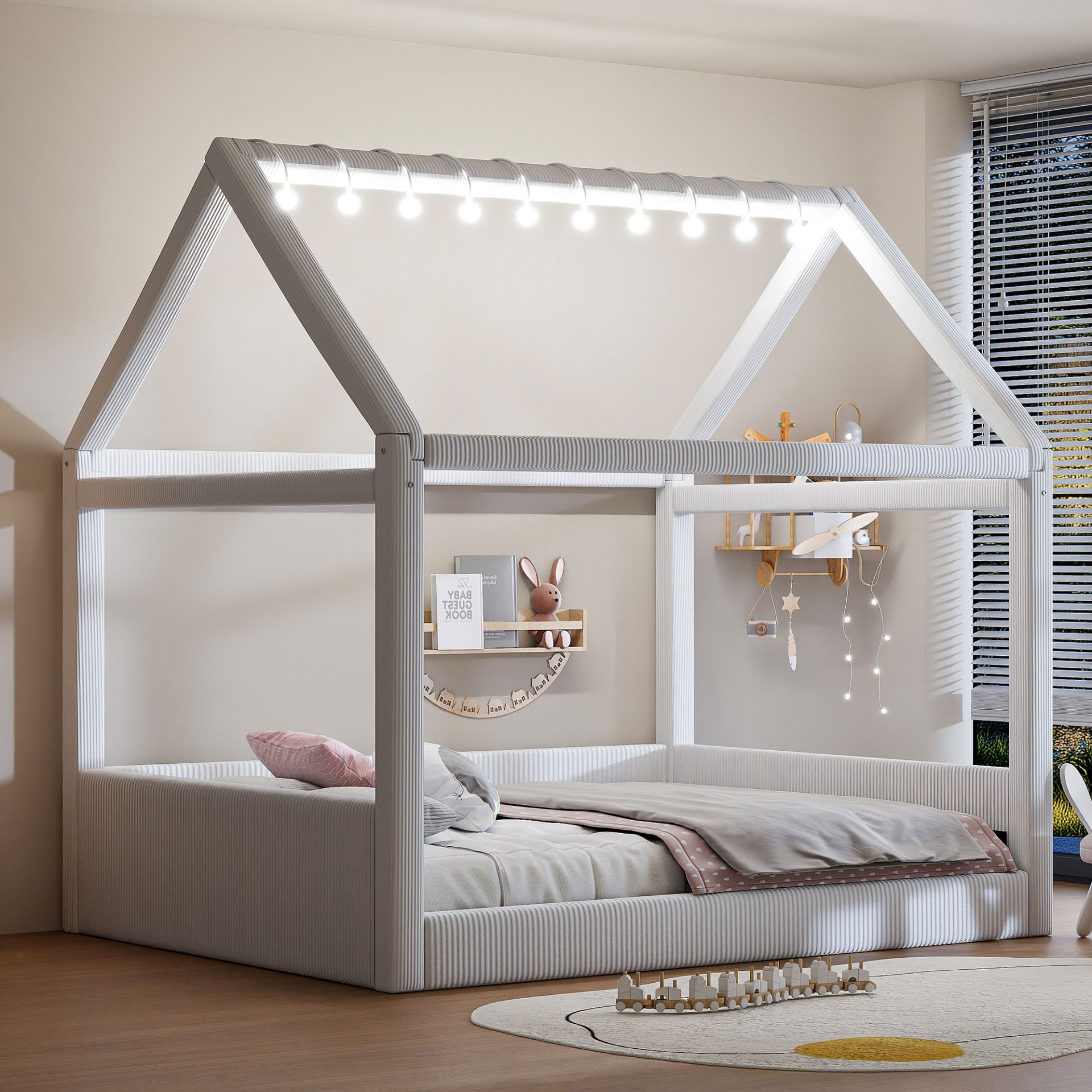 Full Size Upholstered House Style Daybed With LED Light Strips - Beige - Image 4