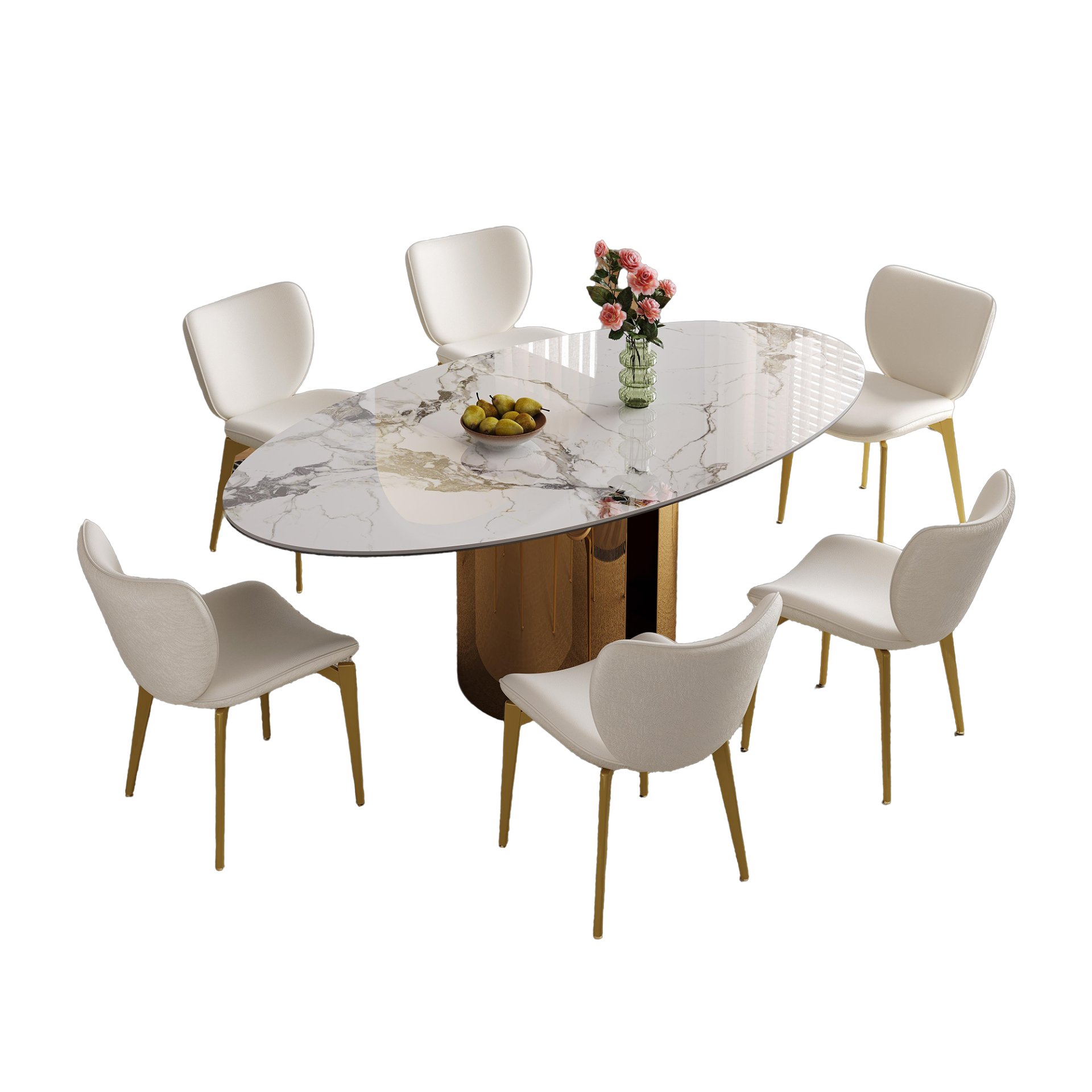 Oval Sintered Stone Dining Table With 6 Chairs - Brown / White - Image 5