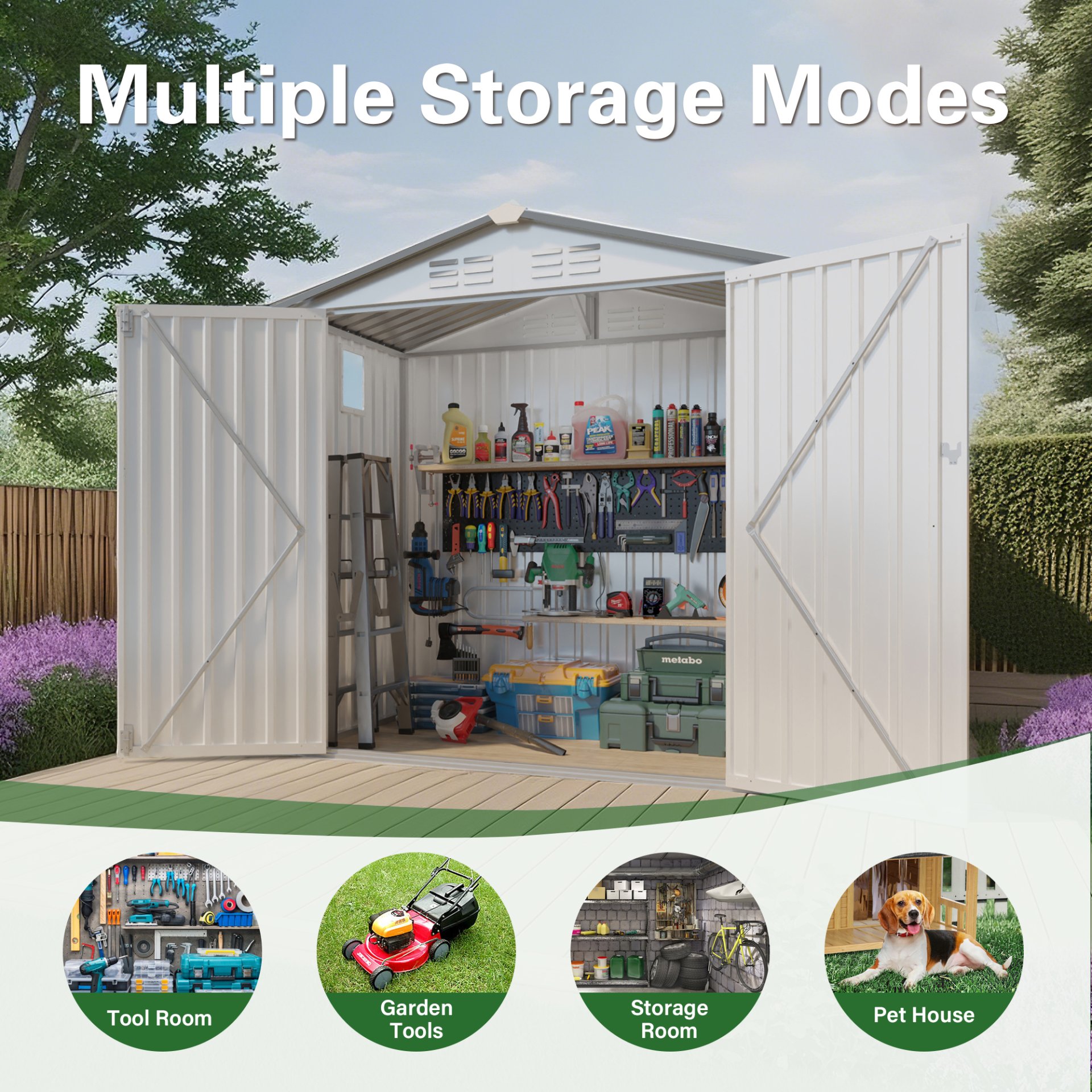 Garden Tool Shed, Storage Shed With Peaked Roof Waterproof Lockable Door - White / Gray - Image 9