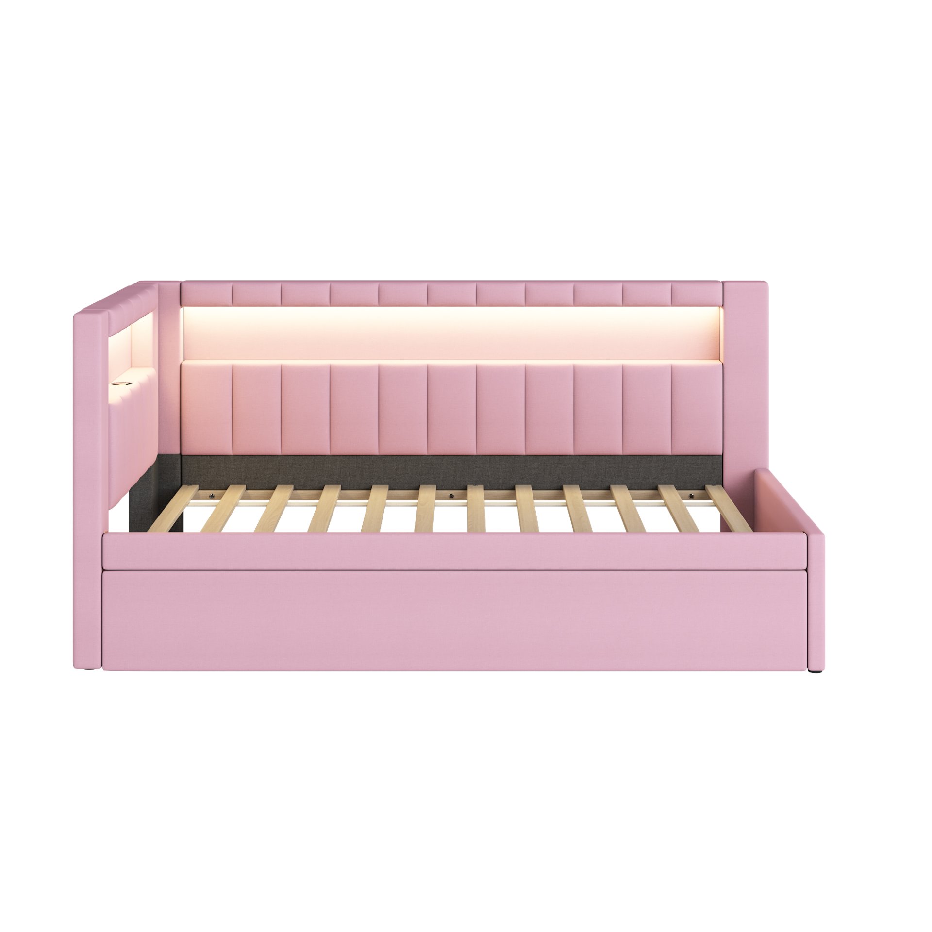 Twin Upholstered Platform Bed With USB Ports And LED Belt, Includes Trundle - Pink - Image 10